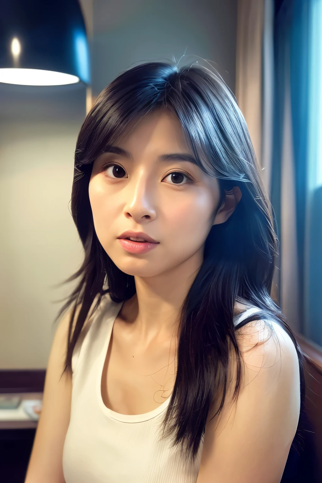 (8K, RAW photo, high quality, High resolution:1.1), Skinny Japanese woman, 30 years old, small breasts, very thin waist, (hyperrealistic:1.4), (realistic, photorealistic:1.3), soft light, realistic face, realistic body, realistic skin, disorganized, masterpiece, (cute:1.8), (leaning forward:1.8), (From above:1.2), (close:1.4), (crawl on all fours), (white loose t-shirt:1.2), (Beautiful breasts:0.9), (long hair, ponytail), ((cleavage)), fine black eyes, innocent eyes, droopy eyes, Watery eyes, open lips, blush, good style, cinema light, film Grain, look viewer, full Body, Depth of field, blurred background, Eye focus, young, 85mm lens, f/1.4, professional lighting, portrait, photon mapping, radio city, Physically based rendering, Transparency, Day book girl, Day, Sunny, outdoor