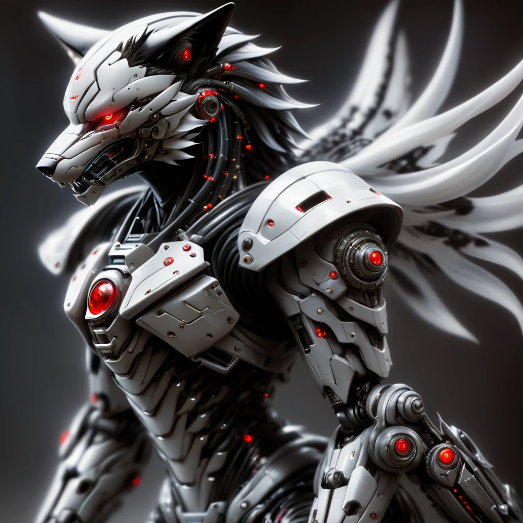 Super detailed, Fashionable Realism, The art of math, Mecha Wolf, Red eyes, Dressed in elegant armor,Comes with mechanical parts and helmet,sci-fi armor, Super Detailed Armor, Carbon structure, Ghost in the Shell, Beat the siege, full-body shot, Action pose, Super clear focus, Award-winning photography, perfect contrast, high definition, depth of field, Super detailed photography, global illumination, Smooth, 35mm, Full body vision, ultra high definition, 8K, Unreal Engine 5, Super clear focus, Award-winning photography, Popular topics on ArtStation