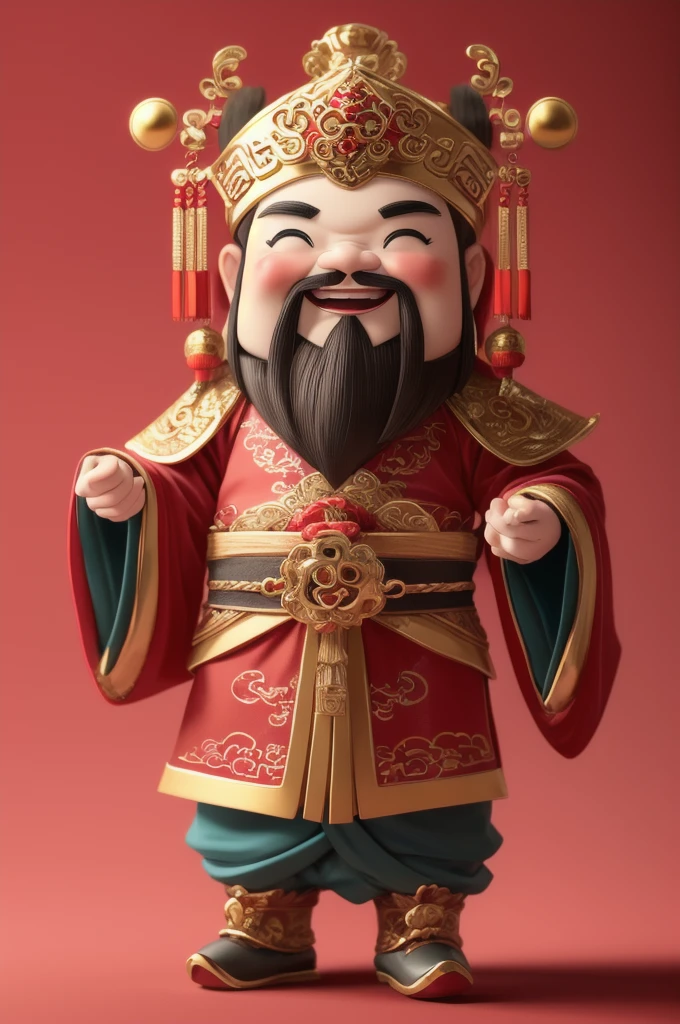 1 male,Smile，Chinese clothes,black eyes,beard,alone,whole body,Red_background,chibi,masterpiece,best quality,Super detailed,hanfu,