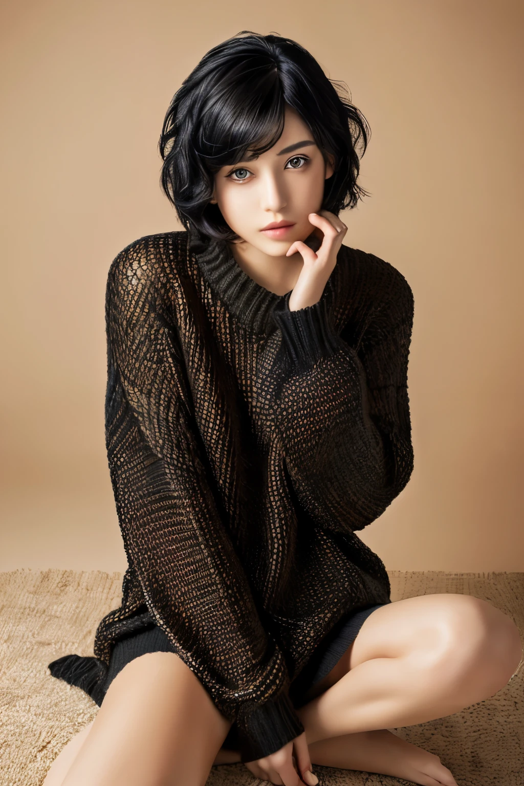 (masterpiece:1.3), (8K, realistic, Raw photo, highest quality: 1.4), (1 girl), beautiful face, (realistic face), (black hair, short hair:1.3), beautiful hairstyle, realistic eyes, detailed and beautiful eyes, (realistic skin), beautiful skin, (sweater), disorganized, Charm, ultra high resolution, surreal, very detailed, golden ratio、spread legs、sit down