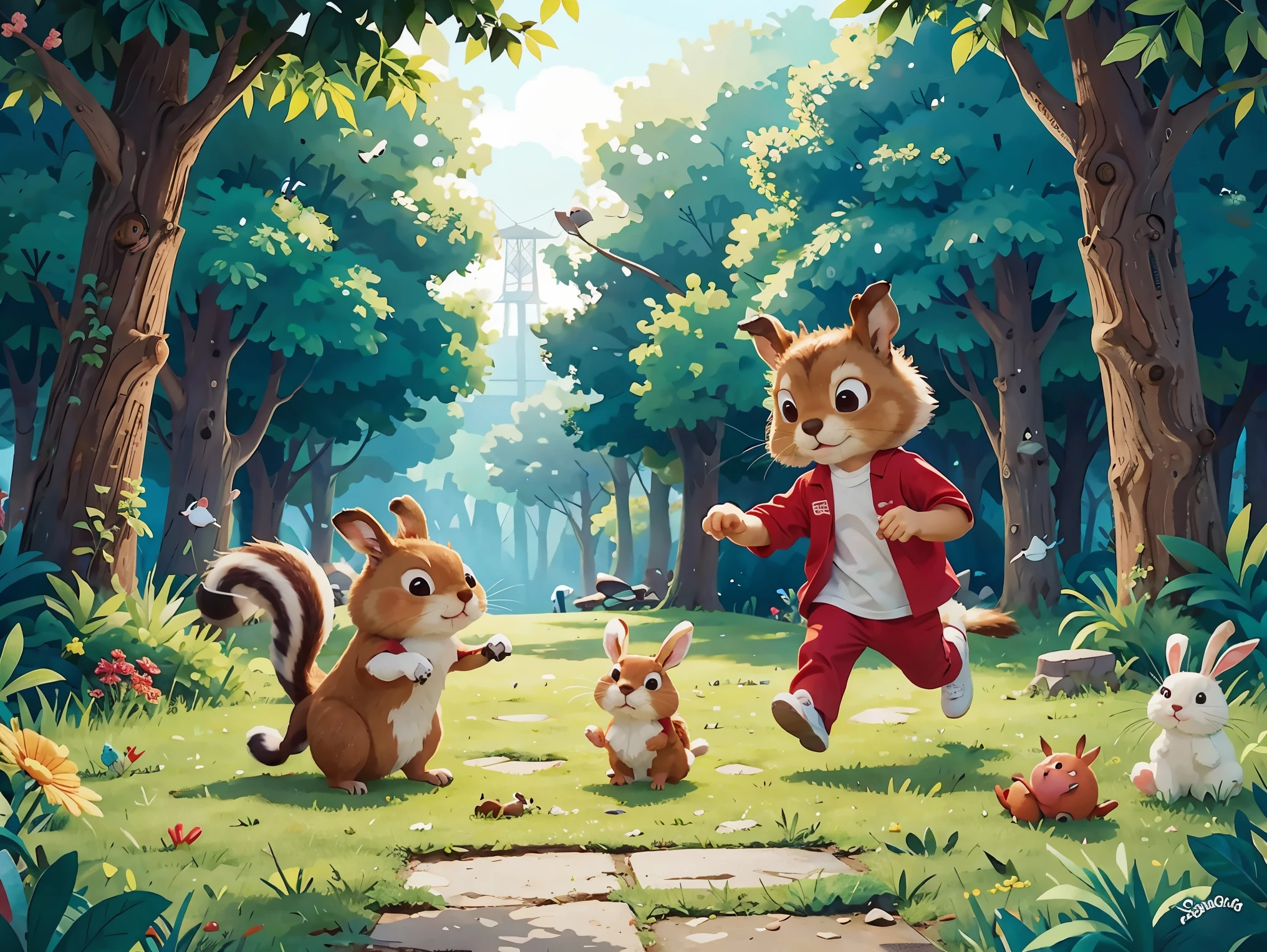 Sammy, the Squirrel in the red shirt, is playing tag with his friend, a rabbit.
