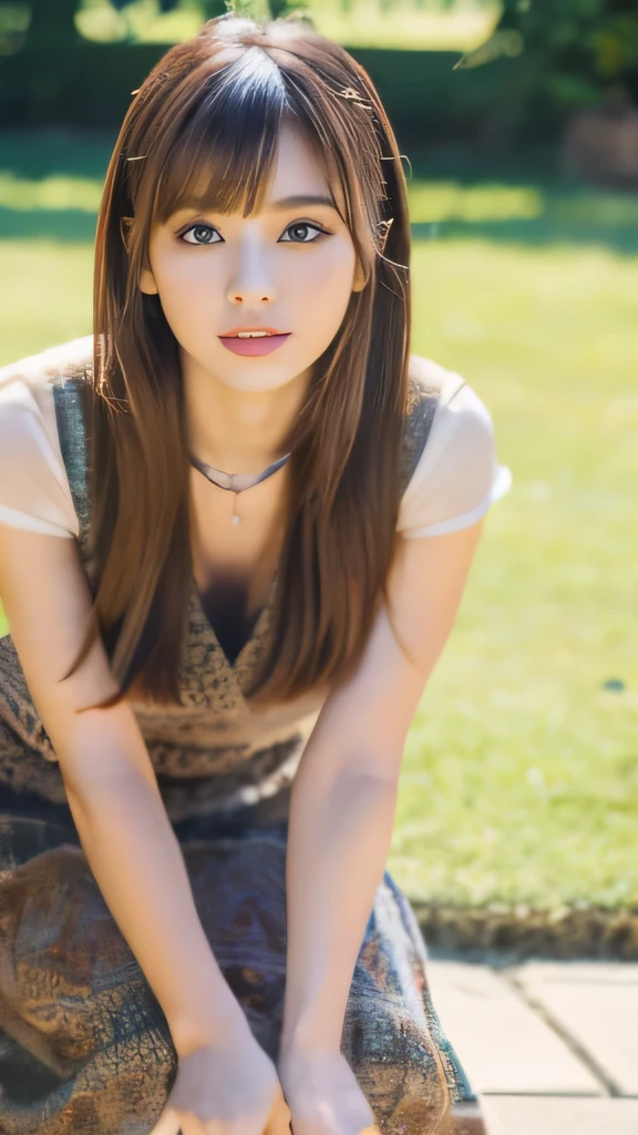 Best quality, 8k, ,Masterpiece :1.3)), facing viewer,((full body1.2)) ,pretty woman, wide shot ,1girl, , sitting on object , , Park, , brown hair , bangs,ultra-detailed face, highly detailed lips, detailed eyes, double eyelid
