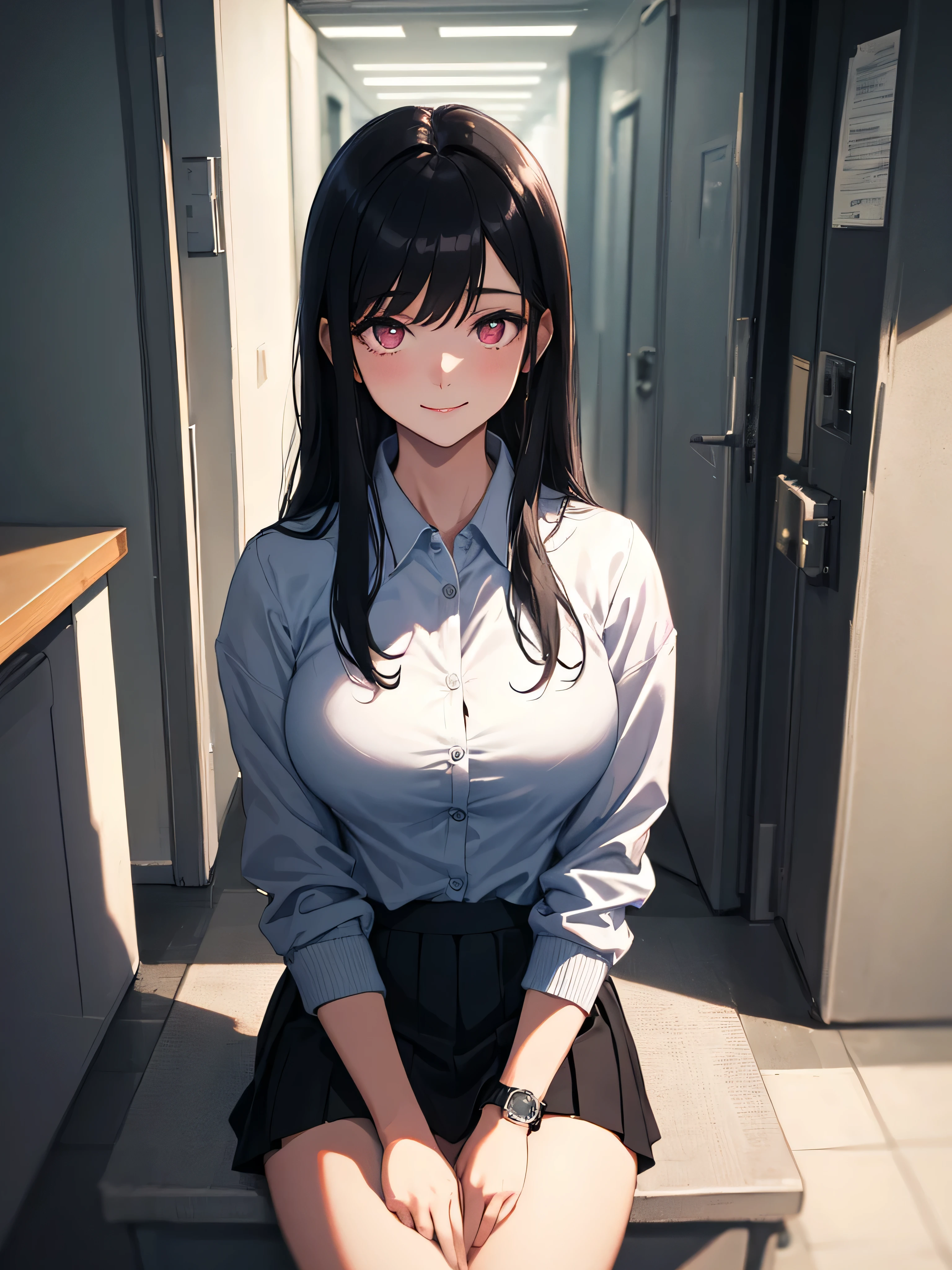 (highest quality:1.1), (masterpiece:1.2), high quality shadows, beautiful details, beautiful face, fine eyes, Depth of the bounds written, High resolution, best shadow, best light, 1 girl, Watch the audience, black hair, Smooth, dull, long hair, pink eyes, shy, big breasts:1.8, Black short skirt, woman'Shirt, fashion suit jacket, pump, Office woman,lift, smile, office background, sexy woman, Smooth posture hundred