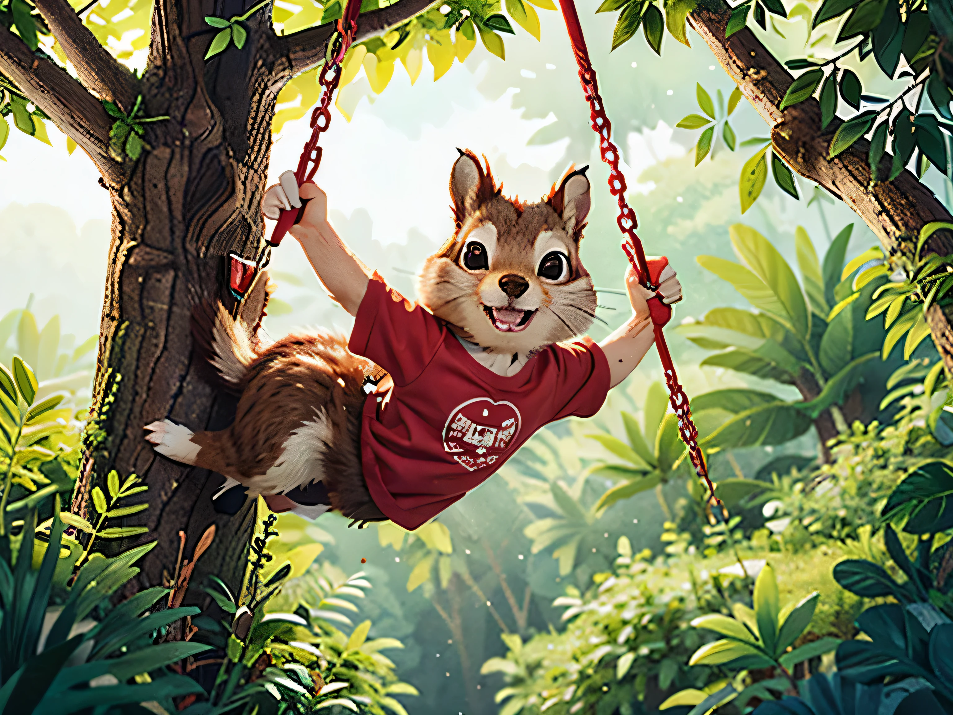 Sammy the Squirrel in a red shirt is swinging from tree to tree, with a big smile on his face.