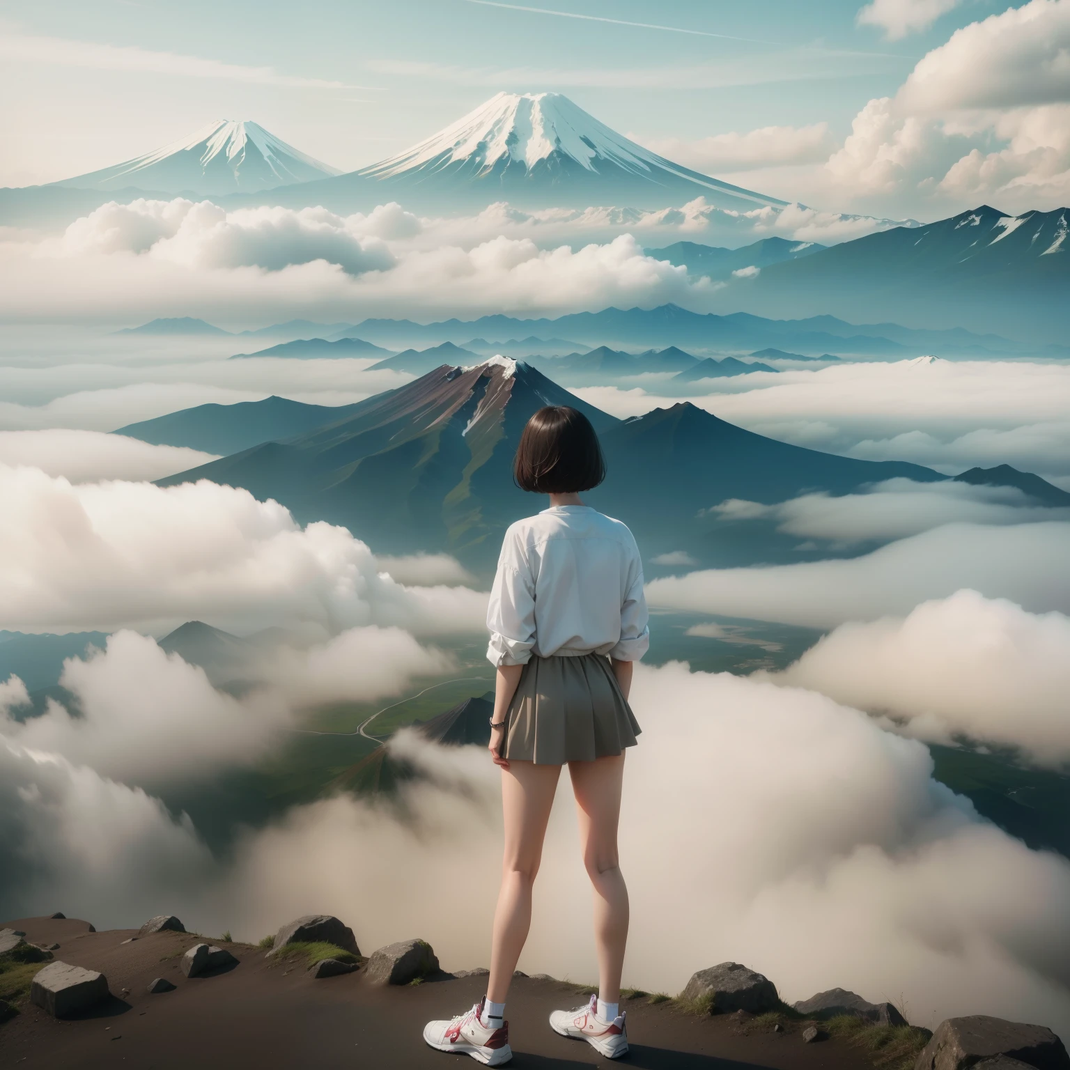 8k,high resolution、photograph、Climbing a mountain、Looking at Mt. Fuji、The background is Mt. Fuji、back view、A sea of clouds spreads between Mount Fuji and the woman.、Japanese woman in her 20s、170cm,perfect style、short hair、white shirt、brown mini skirt、High Top Sneakers、back view、wide shot, sense of depth, full body
