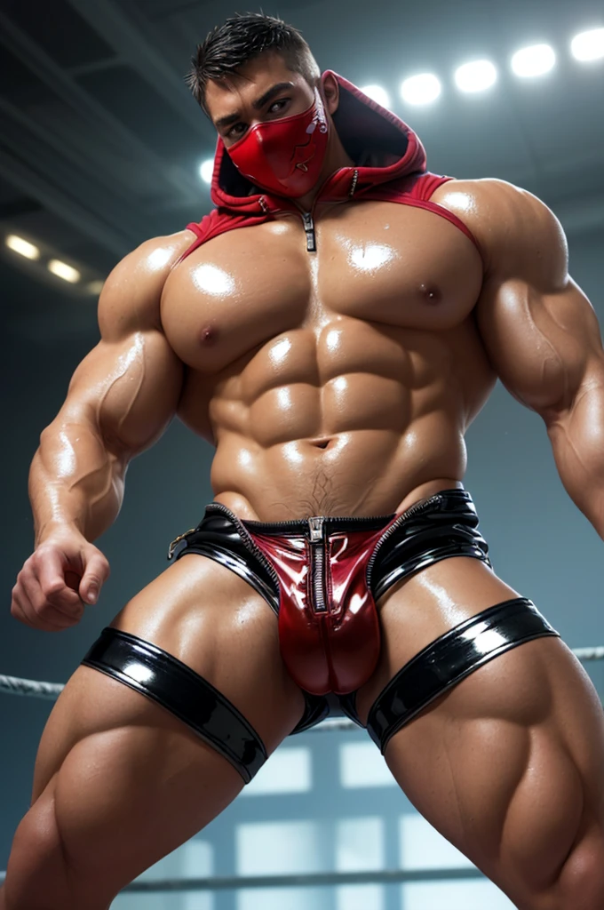 Solo, 1boy, men only, sexy, sensual, Shimapan, mega muscle, hyper muscle, masculine appearance, young male, handsome, Beautiful muscles, complex and elegant, highly detailed digital painting, anime style art, art station, concept art, top quality, masterpiece, ultra high definition, detailed background, realistic figure, muscular man, muscle, volumetric lighting, depth of field, smooth and sharp focus, illustration, art, string bite, muscles, navel, muscles, male, gay, hyper muscles, male focus, muscles male, yaoi, muscles, buttocks, pectoral muscles, large pectoral muscles, thick quadriceps, thighs, wet body, heat and steam emanating from the body, sweating, drenched, huge crotch, big back showing ass, upper class, kit conner, tanned skin, cute pose, submission pose, pretty, lovely, submission, intoxication, ecstasy, favorable, mellow, captive, mesmerizing expression,big , drooping eyes, looking viewer, sexy pose, super angle, dynamic pose and angle, pose: legs apart , (tight shiny shorts with zipper:1.3):1.6 red trainers, (lucha Libre):2, (wrestling mask):1.8 , (face hood):1.6 thong lines