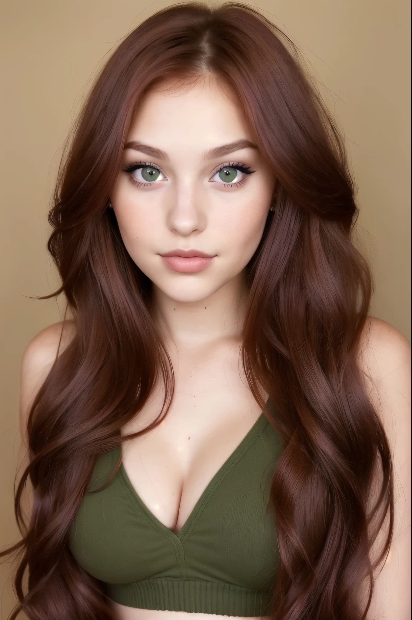 A young girl, 25 years old. very beautiful with pretty features. medium-length hair. brown hairstyle. red-purple hair. green eyes. with plump, sensual lips. American nationality. her face looks straight into the camera. full face