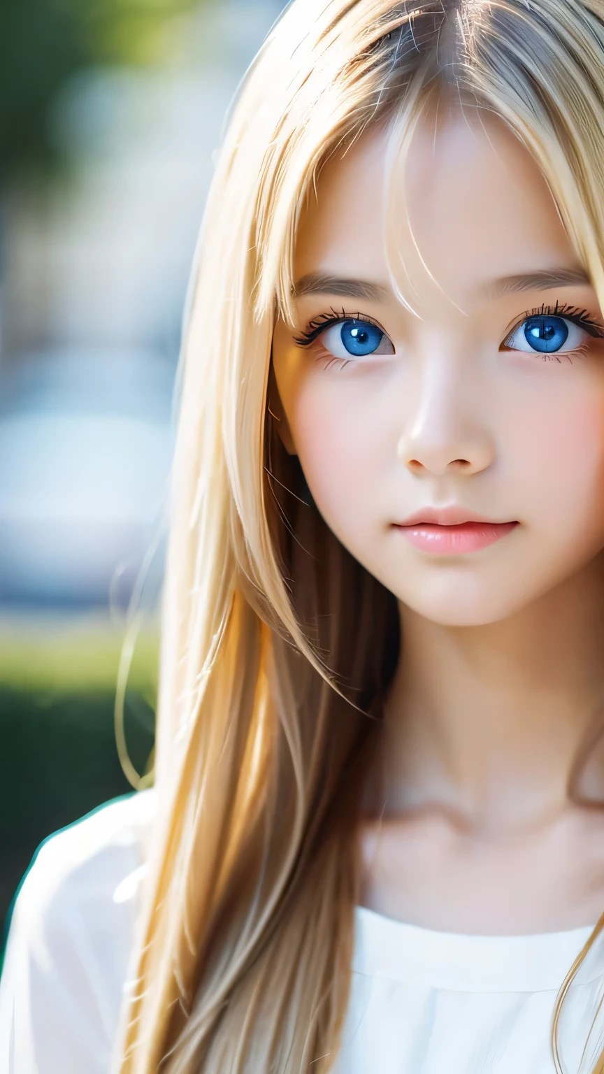 Super long, Silky blonde hair、messy bangs between the eyes、very cute, Beautiful and attractive girl、Very perfect beautiful cute face、beautiful, clear, shining, bright, pale white、sky blue eyes.、very big bright eyes、white and glossy skin、terrible face、cheek gloss highlight、small face beautiful girl、gentle expression、round face