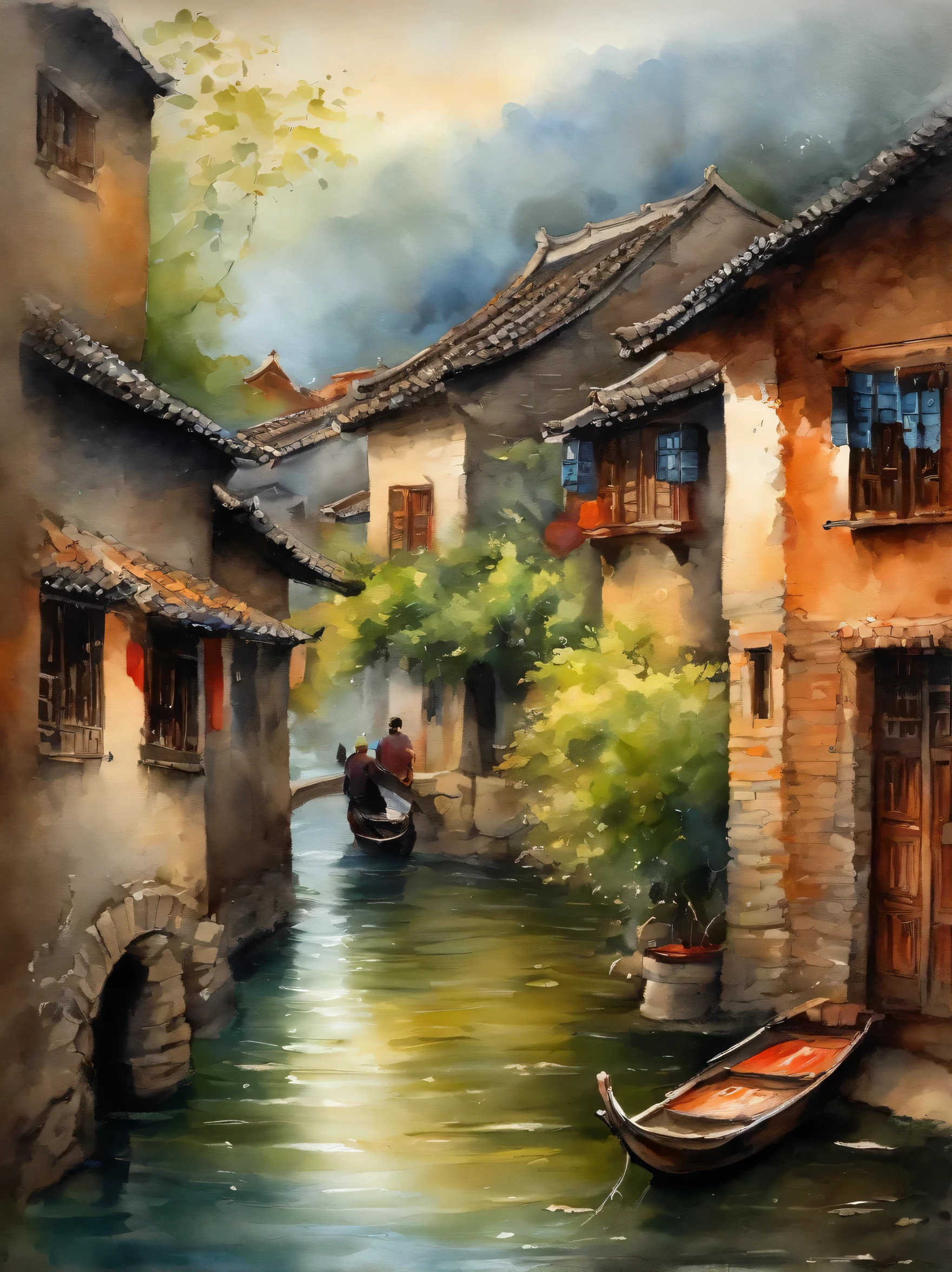 .Jiangnan Water Town, China，A drizzle，Peach willow green，Small bridge and flowing water，Ancient Town and Alley，Bluestone path，The boat swayed，Leaving ripples，People walking on the cobblestone road with umbrellas