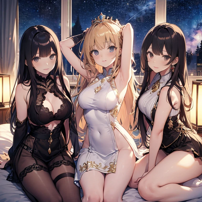 A group of young princesses, (in bedroom), various hair styles, harem, wearing royal dress, night, details face, , short skirt, seducing, sleeveless , showing armpits, night, starry night, spreading legs 