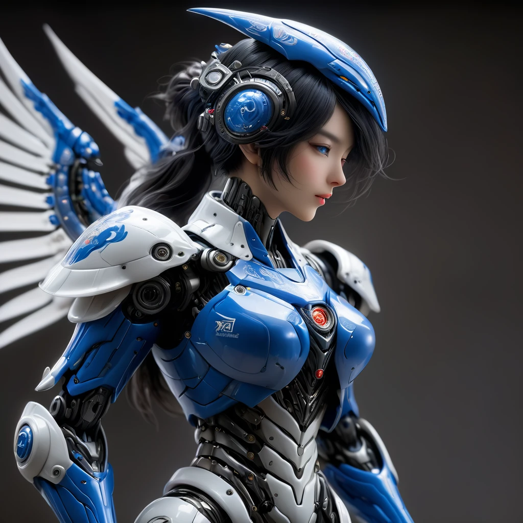 ((Extreme close up:1.6))、(((Lenses shining on both breasts:1.3)))、((Blue pillars of light radiate from both of his chests..:1.3))、break、(((Dynamic pose:1.8)))、smile、((8K)), ((32k)), ((Highest quality)), ((masterpiece)), ((超A high resolution)), ((Tmasterpiece)), ((Halation:1.4))、((Mechaニカルheadgear:1.2))、((Cyber Headphones:1.3))Fine skin, High quality fabric, High-quality metal texture、((Beautiful and dense face))、RAW Photos、Professional, Ultra-fine painting, ((alone)), Beautiful breasts、Highest quality, Very detailed, Very detailed詳細, Finer details, so beautiful, ((Princess Knight Robot:1.2)),  (Joint of the machine, Mechanical Limbs:1.3), (The internal structure of the machine is exposed:1.3), (Long silver hair:1.1), (Beautiful and huge mechanical breasts)、White Veil, cowboy_shot, Side Focus, headgear, Shiny、(Five Fingers, Four fingers and thumb),Concept Art, Anime fantasy artwork, Detailed fantasy art, (with pale blue-violet hair and large white wings,,,,,,,,), (((Long silver hair))), (Mecha:1.6)、Sleek and intimidating design, ((Commander-in-Chief&#39;arm)), (Perfect robot body)、純白と青紫のarmまたは, Symmetrical wings, 8K High Resolution, Detailed Art, 3D rendering of character art in 8K, neat legs, Defined, Defined fingers,((headshot:1.3))