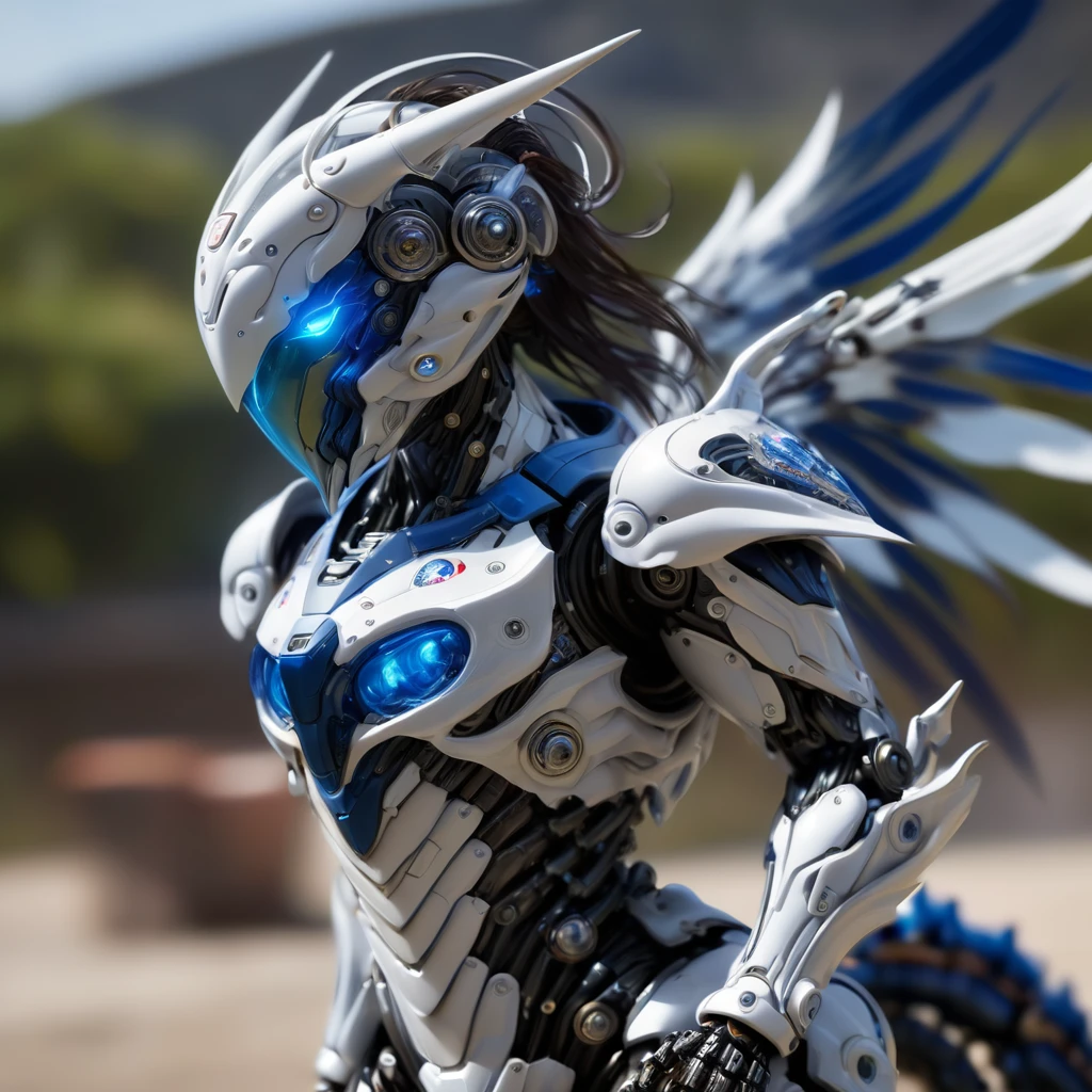 Super detailed, Fashionable Realism, The art of math, Mecha Dragon, Dressed in elegant blue and white armor,Comes with mechanical parts and helmet,sci-fi armor, Super Detailed Armor, Carbon structure, Ghost in the Shell, Beat the siege, full-body shot, Action pose, Super clear focus, Award-winning photography, perfect contrast, high definition, depth of field, Super detailed photography, global illumination, Smooth, 35mm, Full body vision, ultra high definition, 8K, Unreal Engine 5, Super clear focus, Award-winning photography, Popular topics on ArtStation