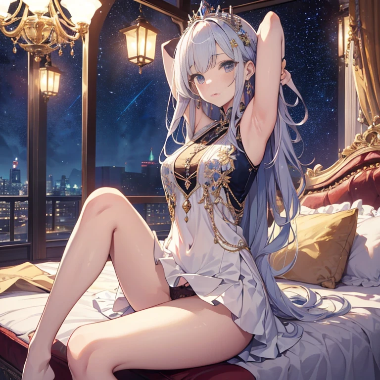 A group of young princesses, (in bedroom), various hair styles, harem, wearing royal dress, night, details face, , short skirt, seducing, sleeveless , showing armpits, night, starry night, spreading legs,. panties 