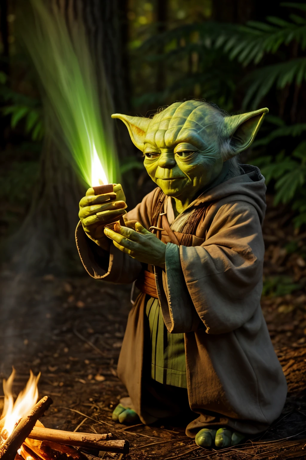 Master Yoda, the legendary Jedi Master, leans over the open flame of a campfire, a twinkle in his wise eyes as he carefully roasts marshmallows. His long, pointy ears frame his weathered, ancient face. The Force is strong with this one, yet he takes a moment to enjoy the simple pleasures of life. The marshmallows dance and sizzle, their sweet aroma filling the air, a stark contrast to the peaceful serenity that surrounds him. This image, captured in exquisite detail, is a testament to the timeless wisdom and enduring spirit of Master Yoda, and a reminder that even the most revered beings can find joy