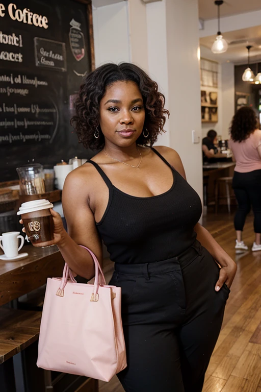 black woman, 50 years old, fat, curly hair to her shoulders. wearing pink blezer black pants in a coffee shop in new york