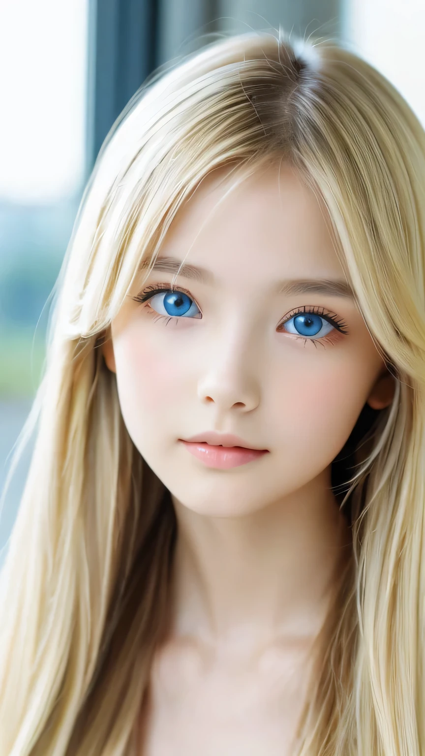 Super long, Silky blonde hair、messy bangs between the eyes、very cute, Beautiful and attractive girl、Very perfect beautiful cute face、beautiful, clear, shining, bright, pale white、sky blue eyes.、very big bright eyes、white and glossy skin、terrible face、cheek gloss highlight、small face beautiful girl、gentle expression、round face