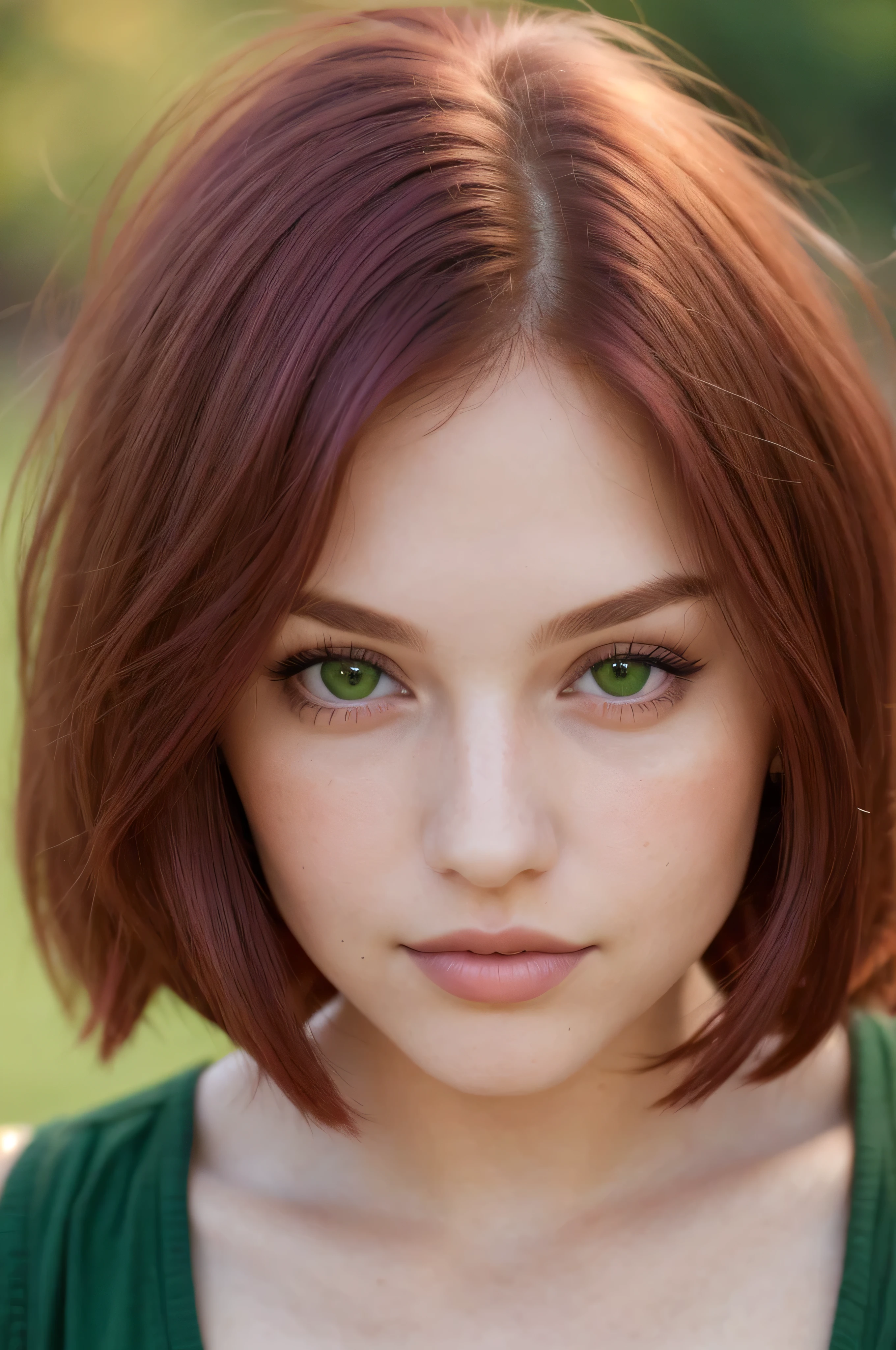 A young girl, 25 years old. very beautiful with pretty features. medium length hair. bob hairstyle. red-violet hair. green eyes. with plump sensual lips. ultra-textured skin. American nationality. face looks straight into the camera. full face. sharp focus on the subject. Shot on Canon.
