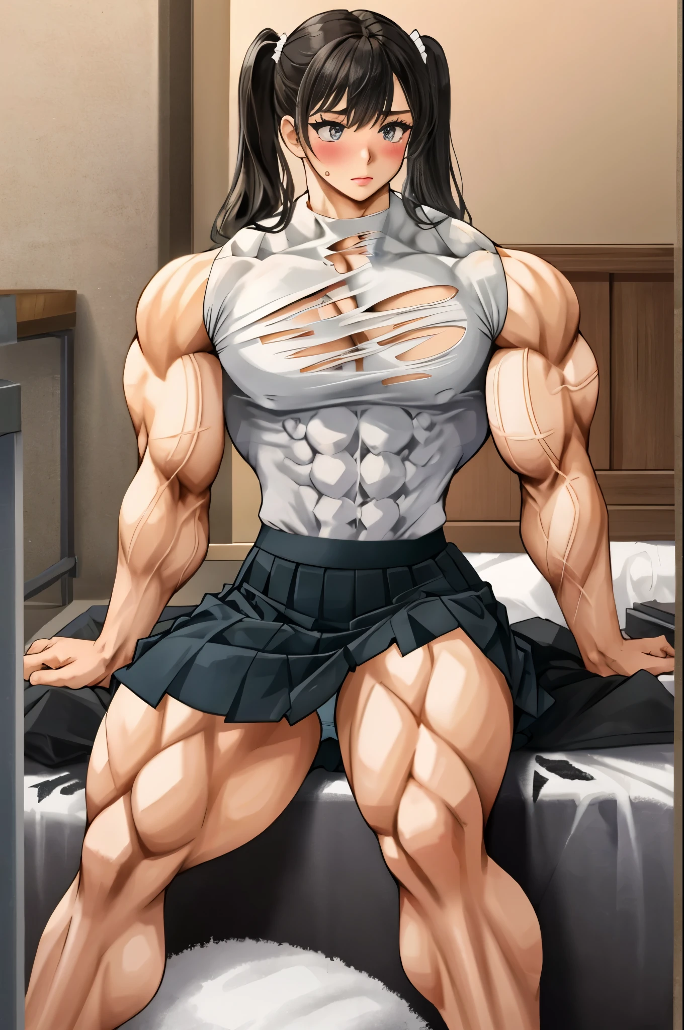 ,girl,blush, muscular female, alternate muscle size,school uniform,muscular ,room,biceps,torn clothes,skirt,panties,sitting,muscular thighs, twintails