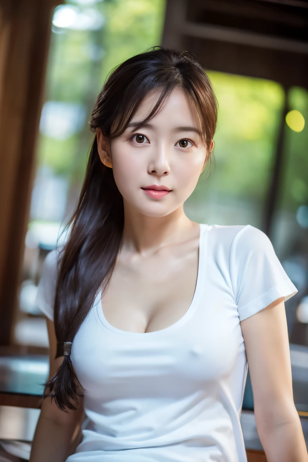 (8K, RAW photo, high quality, High resolution:1.1), Skinny Japanese woman, 30 years old, small breasts, very thin waist, (hyperrealistic:1.4), (realistic, photorealistic:1.3), soft light, realistic face, realistic body, realistic skin, disorganized, masterpiece, (cute:1.8), (leaning forward:1.8), (From above:1.2), (close:1.4), (crawl on all fours), (white loose t-shirt:1.2), (Beautiful breasts:0.9), (long hair, ponytail), ((cleavage)), fine black eyes, innocent eyes, droopy eyes, Watery eyes, open lips, blush, good style, cinema light, film Grain, look viewer, full Body, Depth of field, blurred background, Eye focus, young, 85mm lens, f/1.4, professional lighting, portrait, photon mapping, radio city, Physically based rendering, Transparency, Day book girl, Day, Sunny, outdoor