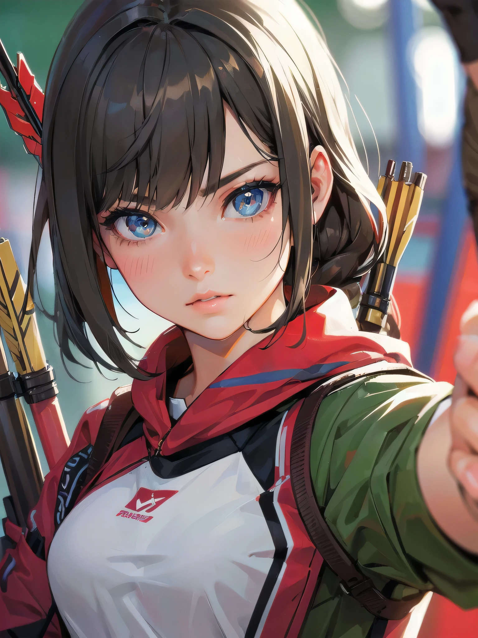 high quality,HD,16k,sharp lines,1 girl,Female archery athlete ,cute face, large breasts, nice legs,At the archery venue,focus girl,detailed beautiful face,detailed clothes,beautiful eyes,cool,dynamic angle