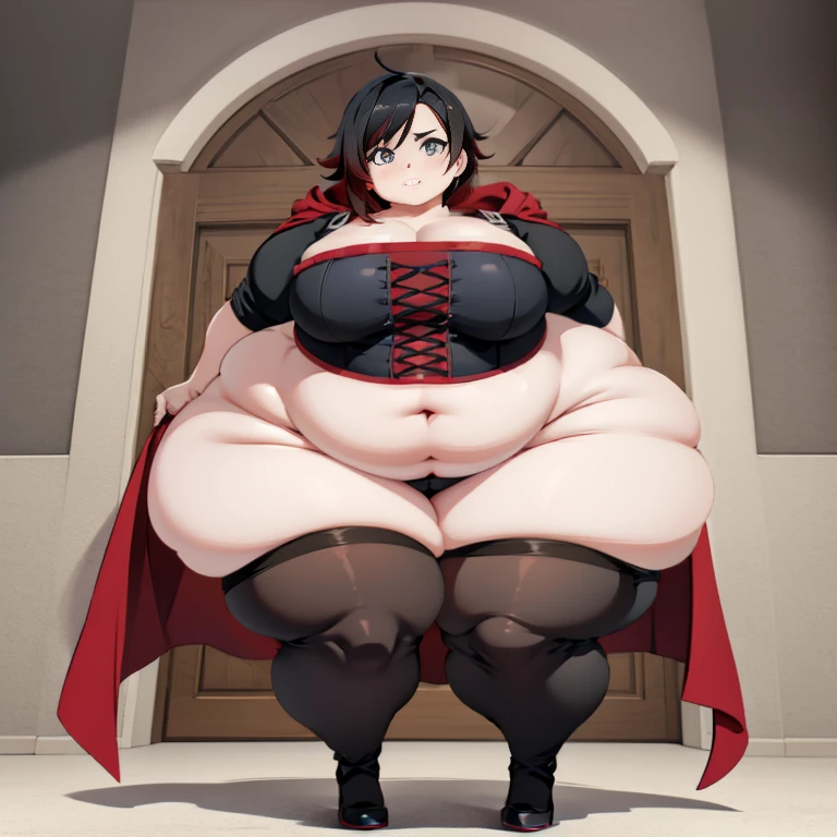 1girl, top heavy figure, (((incredibly big chest))), ((saggy chest)), plump, incredibly plump, ((big belly)), (((big tits))), wide, (((obese))), (((fat))), ((love handles)), double chin, out of shape, obese, fatty, shortstack, short woman, big bossom, ((milf)), small height, mature, standing, full body, bbw, ssbbw, ruby rose, silver eyes, black hair, short hair, red cape, corset, red skirt, thigh boots, pantyhose