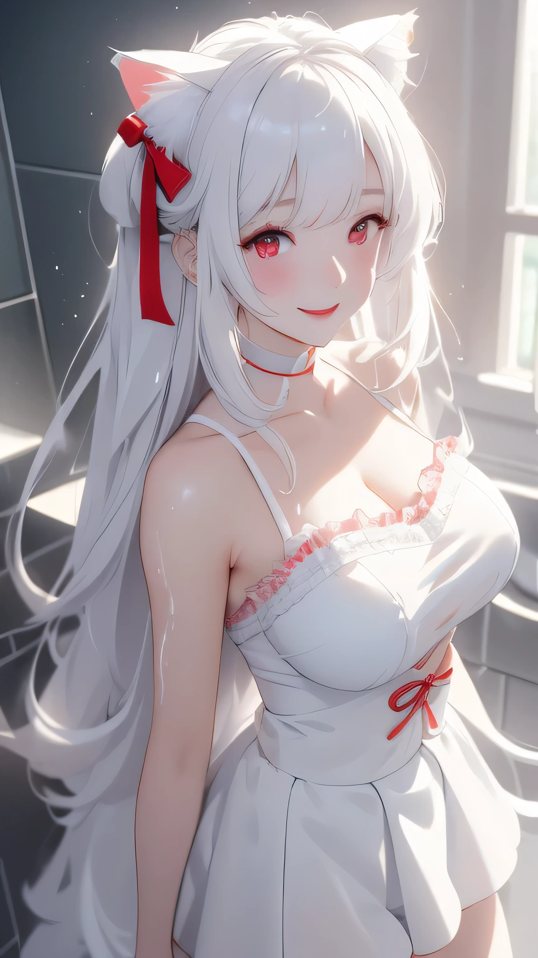 perfect face　White Cat　Cat ear　white hair　long hair　bangs bangs　white skin　red eyes　younger sister　pale skin pigment　Thighs　anime style　big ribbon　white　cute　Wet camisole　sticking out one&#39;s shoulders　breast bag　masterpiece　big breasts　smile　bathroom　alone　barefoot　face　upper body　arms behind back　armpit　mini skirt　underboob　cleavage　nipple