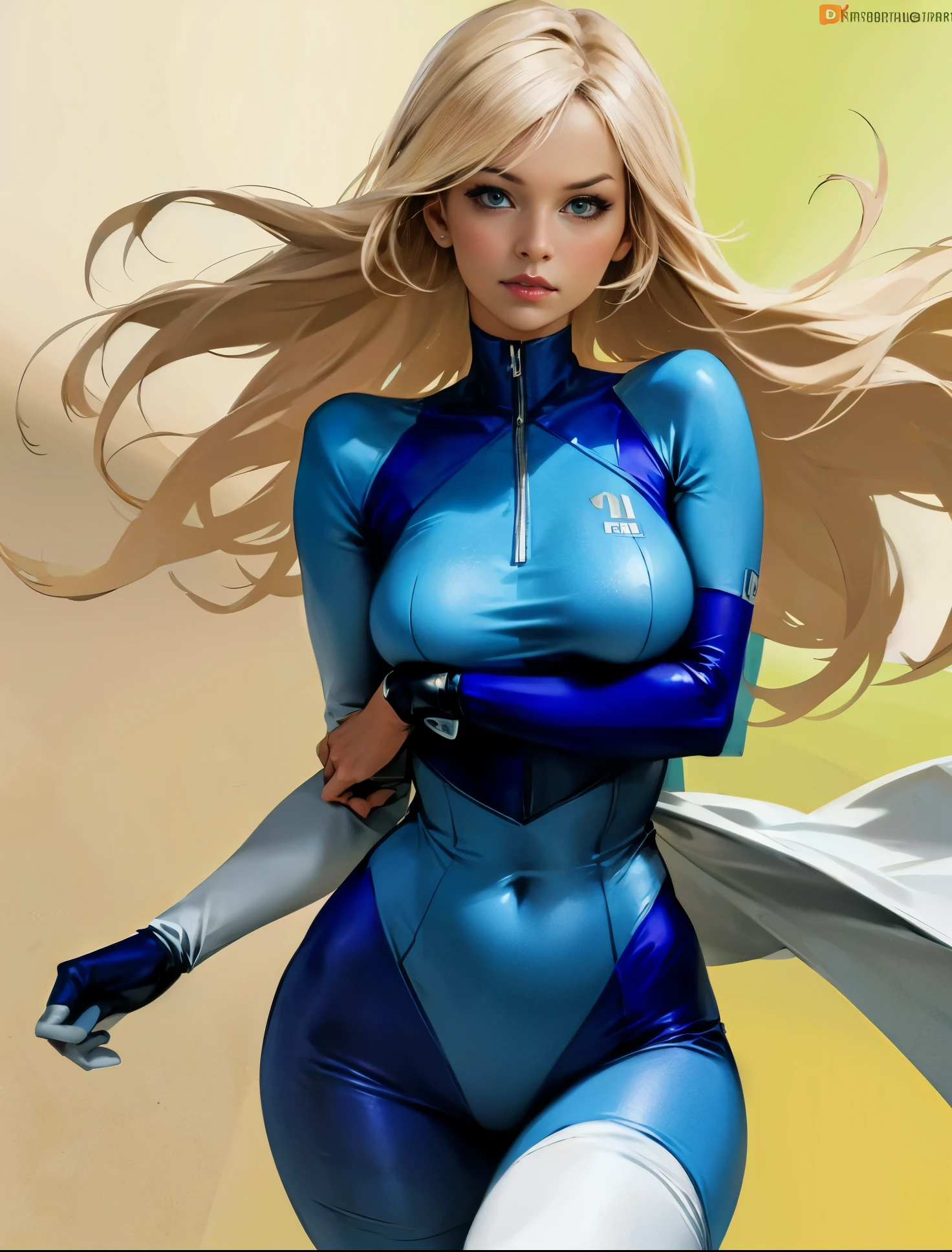 Samus zero beautiful sexy a goddess with a very tight blue suit with red and white blonde blue eyes with big breasts and big hips 