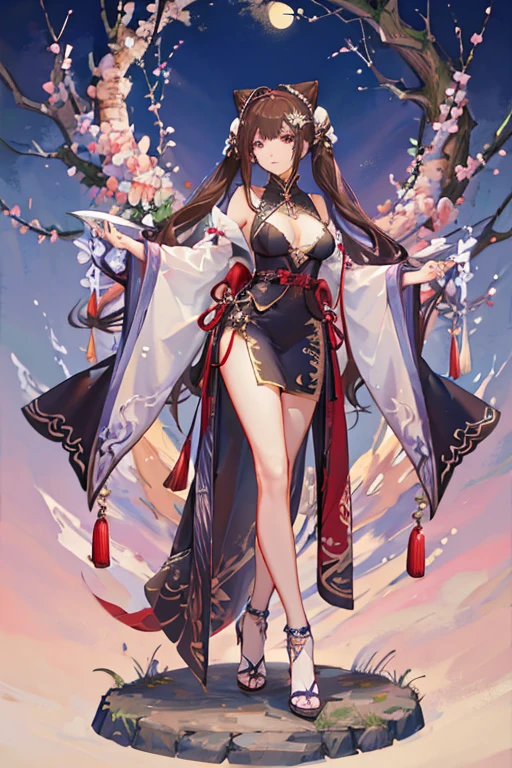(masterpiece, highest quality, super detailed), (detailed face), tarot border, full body, Standing picture, brown hair, purple eyes, bun hair, long hair, twin tails, Triumphant look, A big smile, chinese dress, thighs, very sexy, big breasted, slightly fat big breasts, cleavage, Standing on the lake