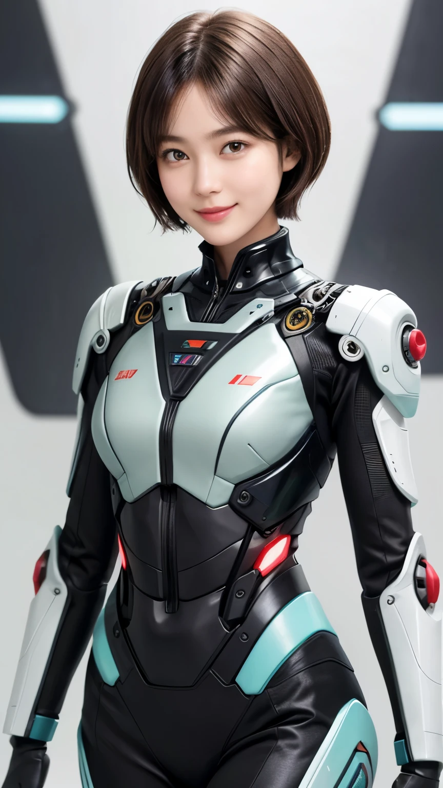 207 Short Hair, 20 year old female, Floral, gentle smile, futuristic clothes, mechanical suit