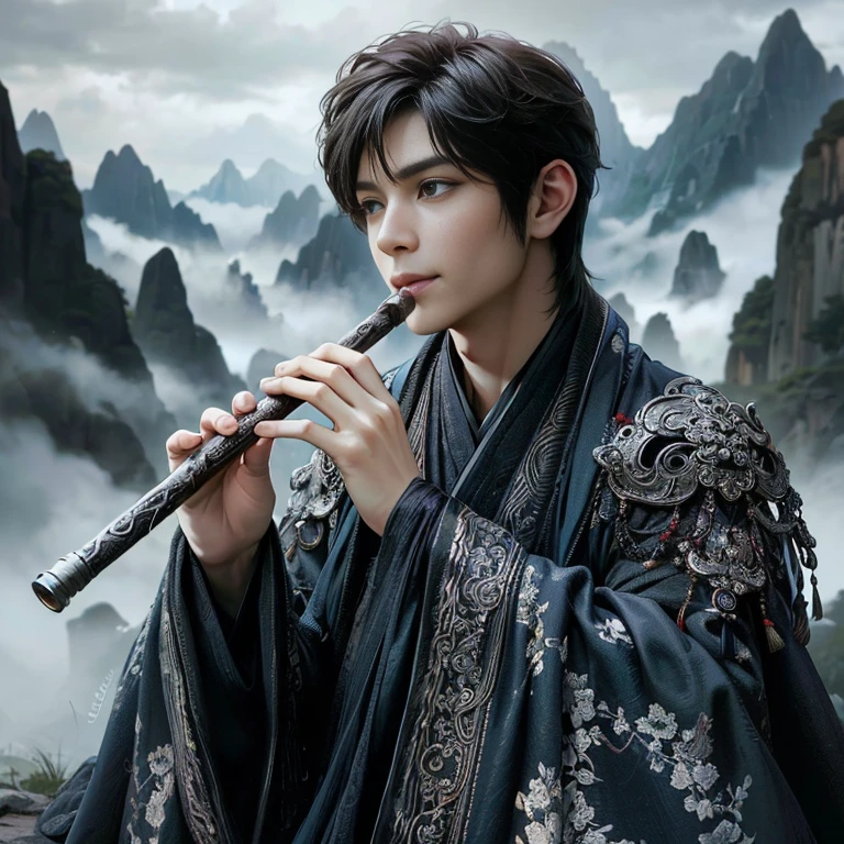 (Best Quality:1.2), (high resolution:1.2), (beautiful face and eye:1.2), (sharpest focus:1.2), (Ultra-realistic Photo:1.2), (Ultra-precise Photo:1.2), (Depth of field:1.2), (8k high resolution:1.2), (perfect anatomy:1.2), (nice hands:1.5),
(perfect hands:1.5), (Very young and masculine and dignified and beautiful Chinese male:1.5), (Beautiful nobleman:1.0), (A beautiful nobleman:1.0), (A shiny black hermit-like garment with fancy embroidery:1.0), (A gentle smile:1.3),
(Playing an iron flute:1.5), (A secluded hermit-like place deep in the mountains of China:1.0), (A mysterious fairyland:1.2), (Birds and animals gathered to listen to the sound of the flute:1.3), (Looking up angle:1.0),