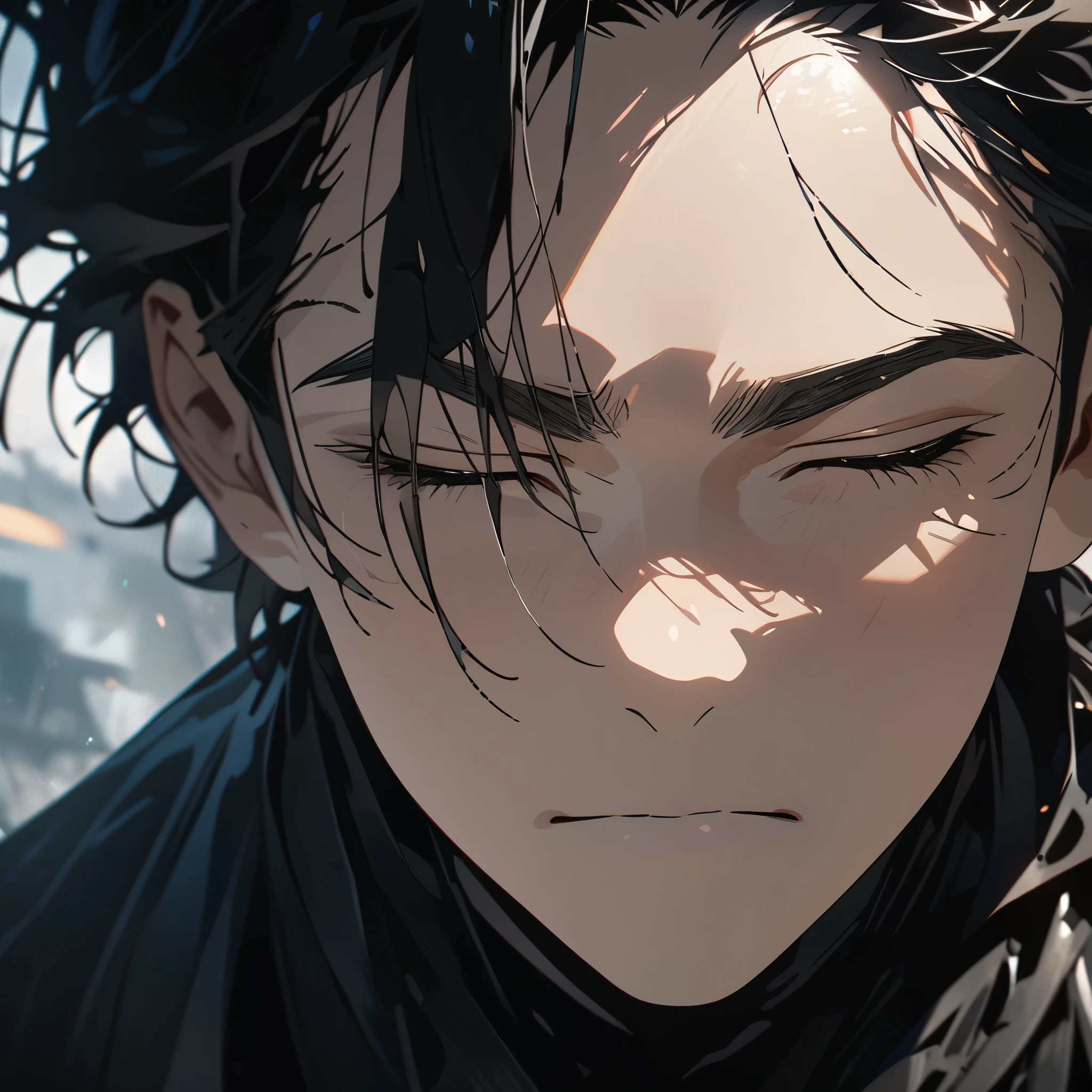 Extreme close-up, anime portrait of a forehead(center), male, clean forehead, closed eye, calm determined face, best quality, high quality, very detailed, high resolution, sharp, sharp image, 8k, stunning, mysterious, black hair