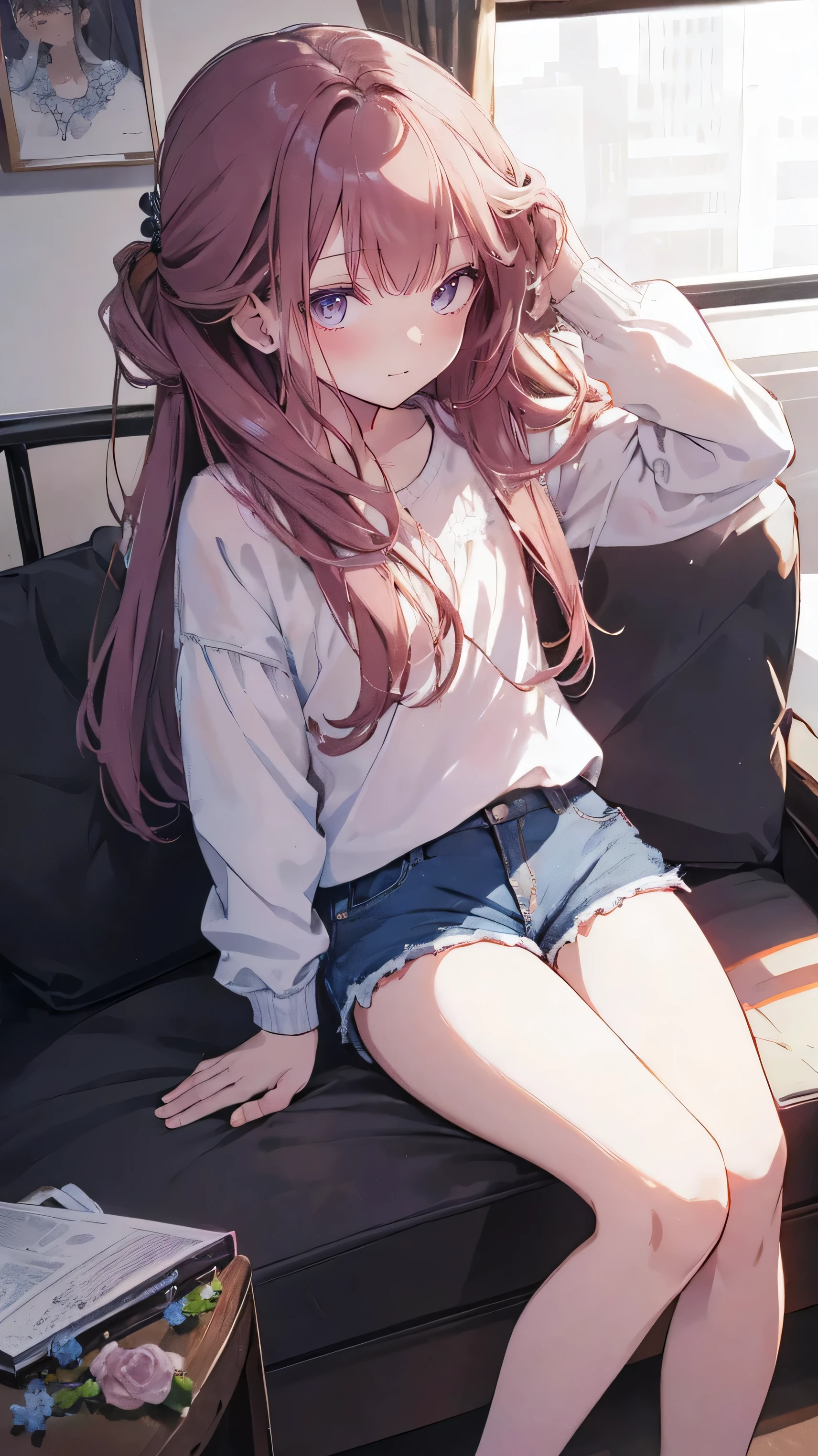 master piece、Highest image quality、highest quality、 ((panic))、glossy hair quality、small face、sitting、Super detailed and beautiful bright eyes、Super detailed clear and beautiful face、(cute illustration:1.2), High-resolution, ultra-detailed, best quality, embarrassed、(cute underwear)、(Gaps in shorts)