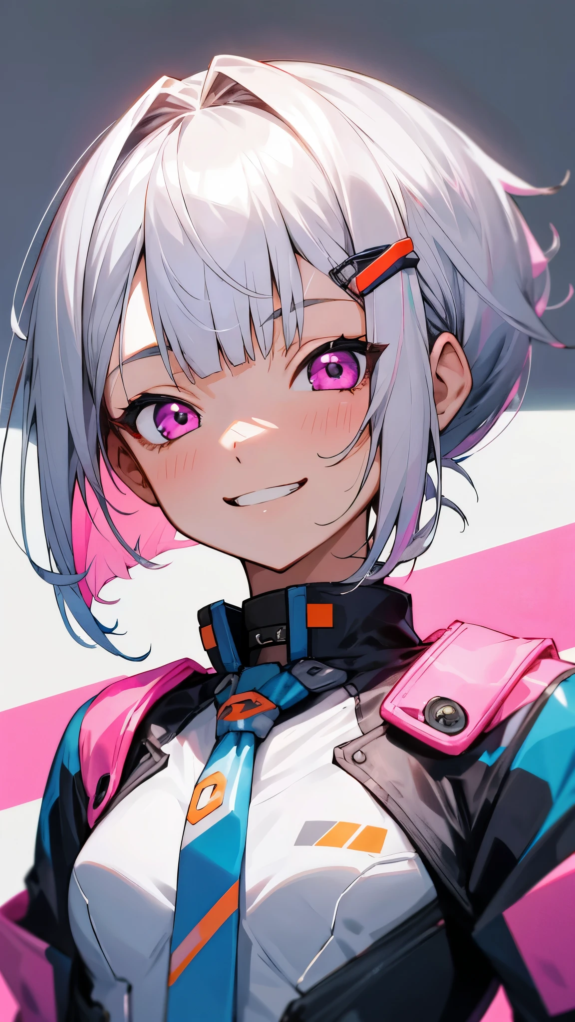 1girl、16歳のgirl、riders jacket、small breasts、Silver hair and short bob hairstyle、Tie your hair up with a hair clip、Beautiful pink eyes、grin、blue and orange tones、upper body close-up