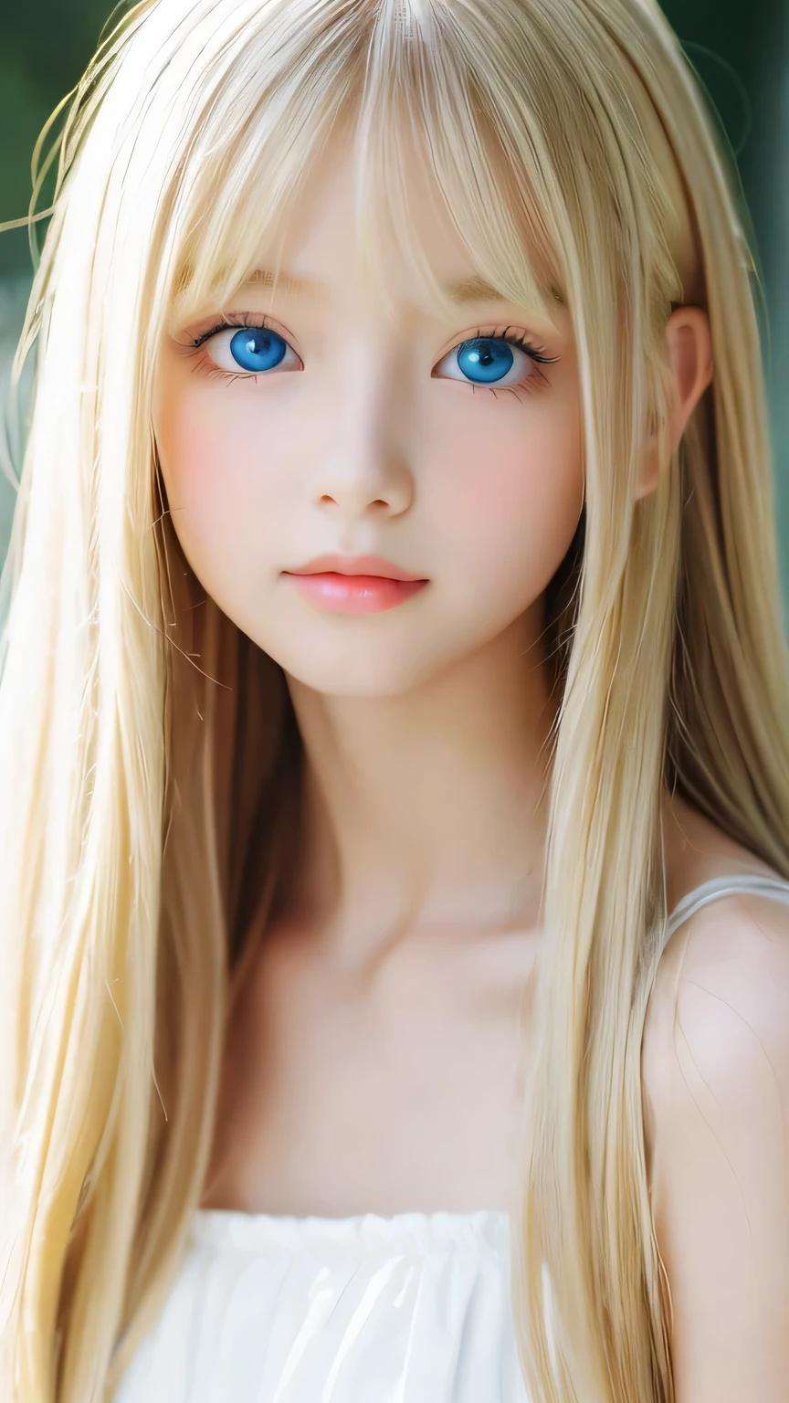 Super long, Silky blonde hair、messy bangs between the eyes、very cute, Beautiful and attractive girl、Very perfect beautiful cute face、beautiful, clear, shining, bright, pale white、sky blue eyes.、very big bright eyes、white and glossy skin、terrible face、cheek gloss highlight、small face beautiful girl、gentle expression、round face