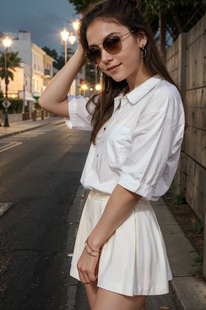 a beautifull 15 years old girl, white skin, masterpiece, textured skin, super detail, high details, high quality, 8k, nice pose, road night background, side lighting to face, dress, wearing a sun glasses at night, wearing a white shoes,
wearing a shirt, small skirt, wearing a ears rings, little smlie