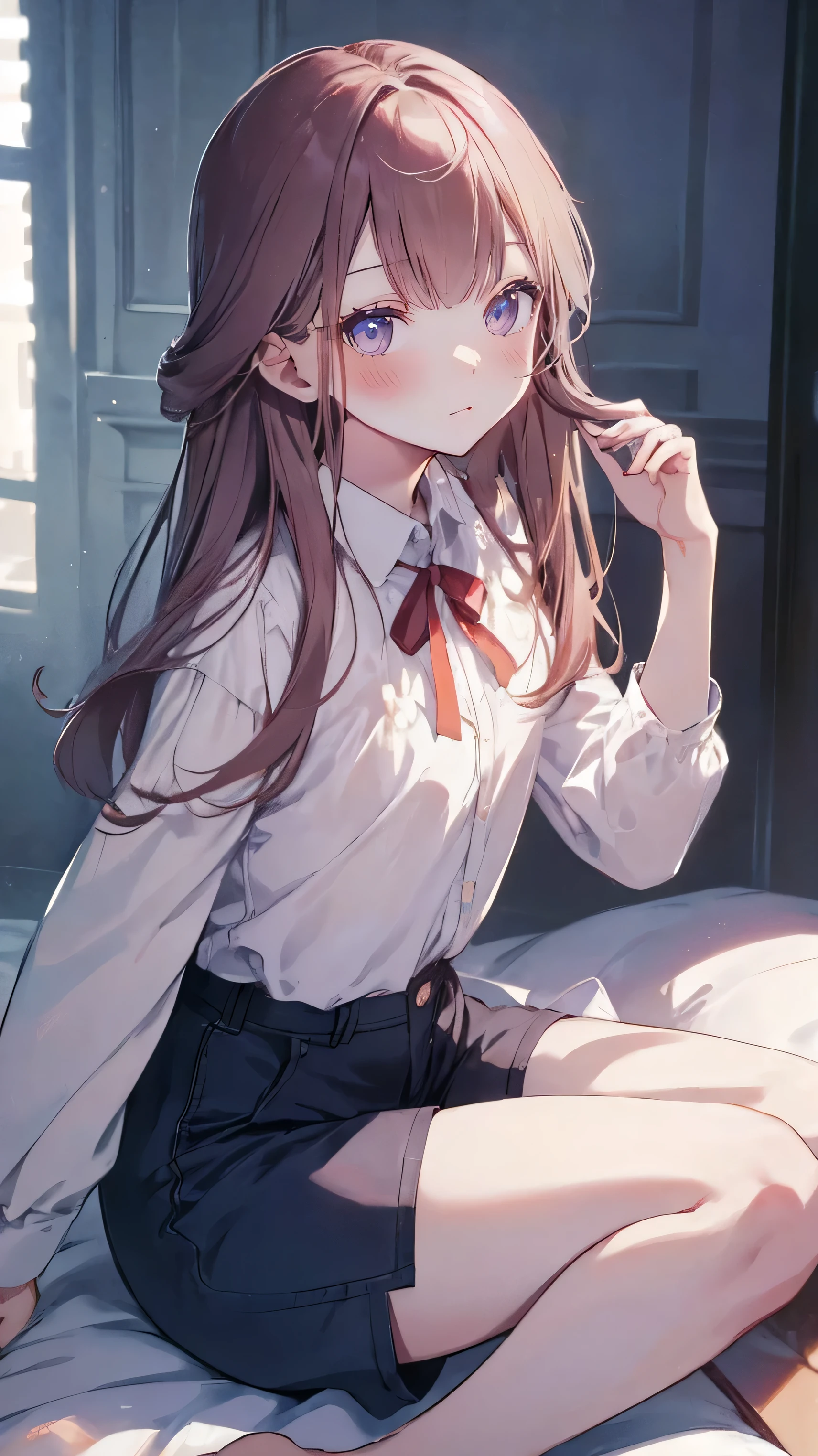 master piece、Highest image quality、highest quality、 ((panic))、glossy hair quality、small face、sitting、Super detailed and beautiful bright eyes、Super detailed clear and beautiful face、(cute illustration:1.2), High-resolution, ultra-detailed, best quality, embarrassed、(cute underwear)、(Gaps in shorts)