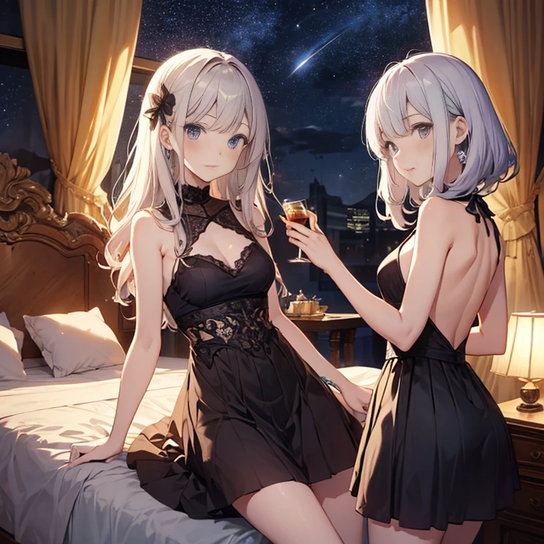 A group of young princesses, (in bedroom), various hair styles, harem, wearing royal dress, night, details face, , short skirt, seducing, sleeveless , backless, night, starry night