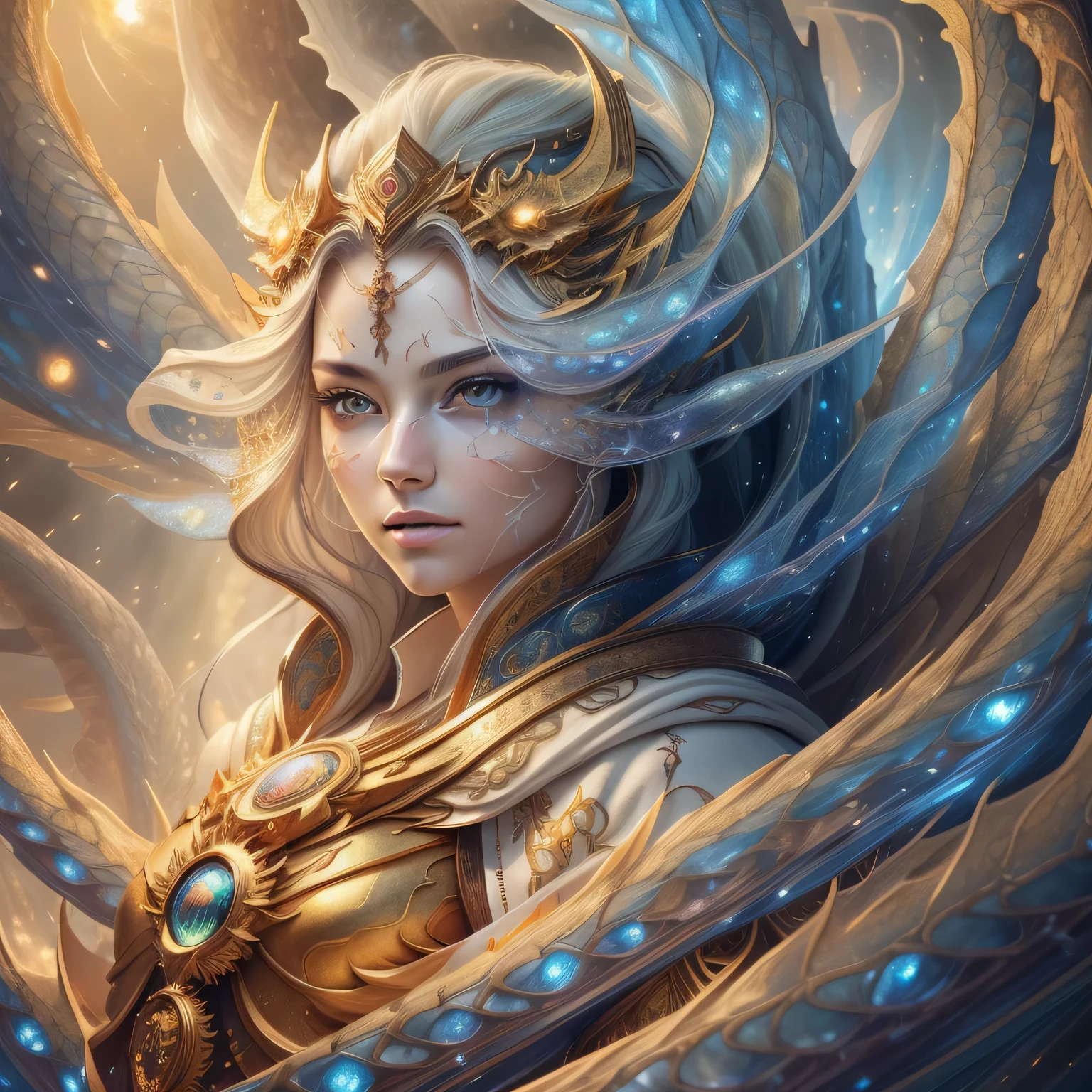 (masterpiece, top quality, best quality, official art, beautiful and aesthetic:1.2), (1girl), extreme detailed eyes, (fractal art:1.3), colorful, highest detailed, (perfect face), shiny skin, HDR, (white cloak golden lines:1.2), galaxy, (light streaks), striking visuals, (dynamic streaks, luminous trails:1.2), vibrant colors, (phoenix), (dragon)