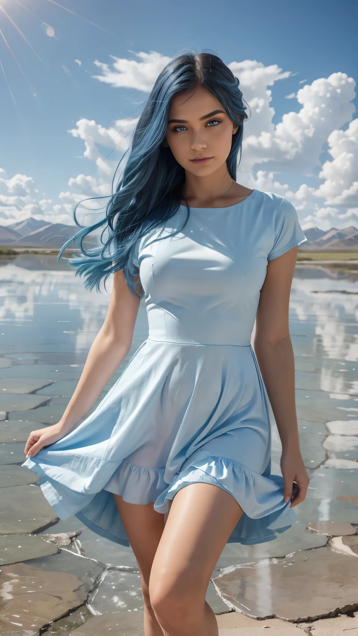 absurdres, highres, (official art, beautiful and aesthetic:1.2), (near vision:1.15), (1girl, blue hair, medium hair, blue eyes, bright eyes, long white dress, blue ruffle,:1.2) blue sky, Shimmering Galaxy, (Salar de Uyuni:1.2), (fractal art:0.8), water effects, ripple effects, (flower effects: 0.65), light effects,