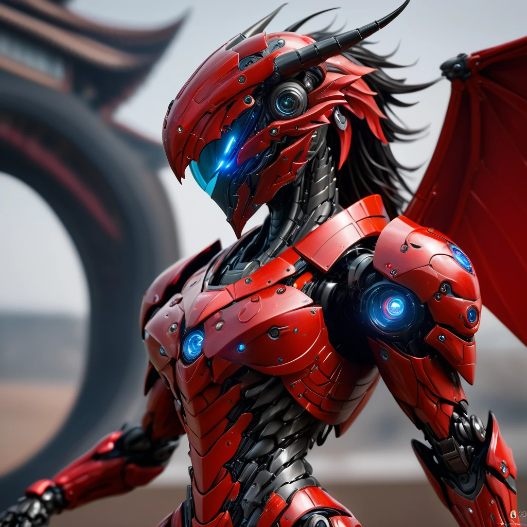 Super detailed, Fashionable Realism, The art of math, Dragon-shaped mech, With elegant red and blue armor,Comes with mechanical parts and helmet,sci-fi armor, Super Detailed Armor, Carbon structure, Ghost in the Shell, Beat the siege, full-body shot, Action pose, Super clear focus, Award-winning photography, perfect contrast, high definition, depth of field, Super detailed photography, global illumination, Smooth, 35mm, Full body vision, ultra high definition, 8K, Unreal Engine 5, Super clear focus, Award-winning photography, Popular topics on ArtStation