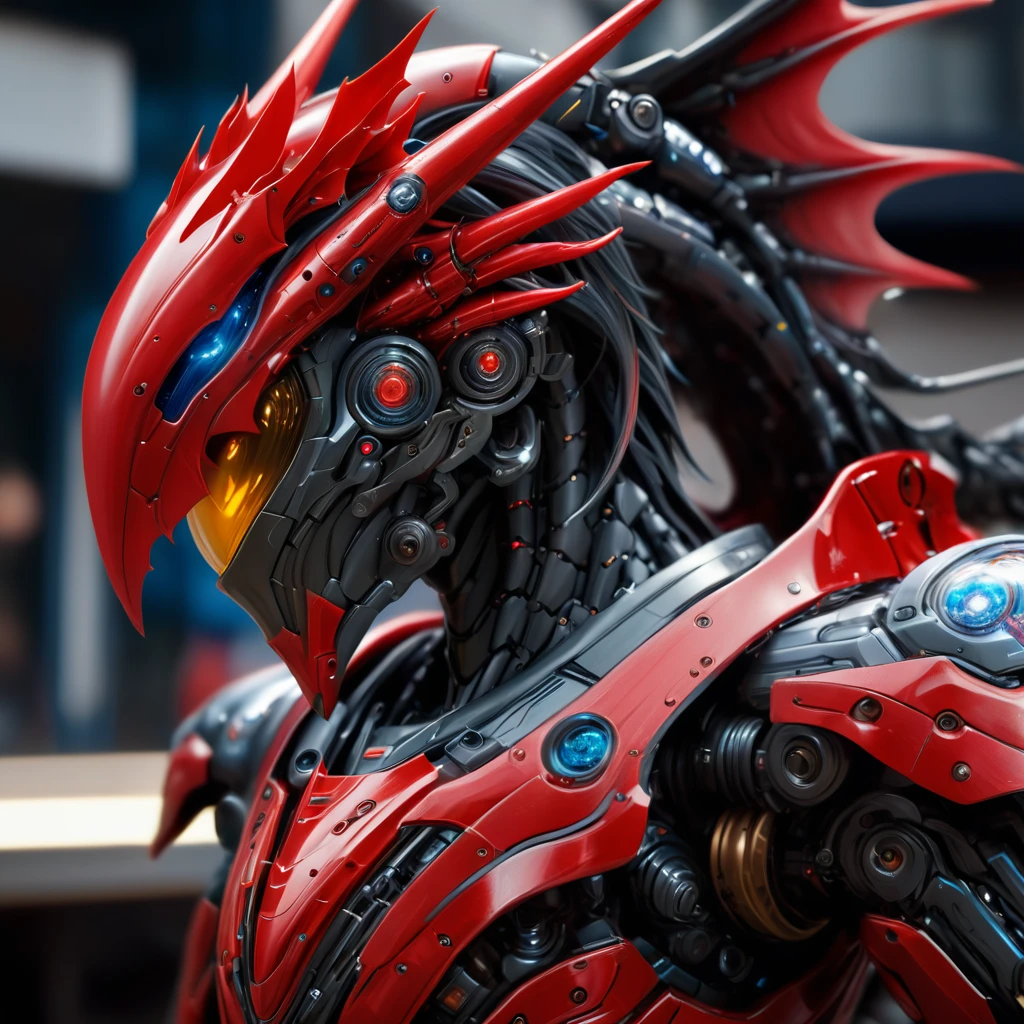 Super detailed, Fashionable Realism, The art of math, Dragon-shaped mech, With elegant red and blue armor,Comes with mechanical parts and helmet,sci-fi armor, Super Detailed Armor, Carbon structure, Ghost in the Shell, Beat the siege, full-body shot, Action pose, Super clear focus, Award-winning photography, perfect contrast, high definition, depth of field, Super detailed photography, global illumination, Smooth, 35mm, Full body vision, ultra high definition, 8K, Unreal Engine 5, Super clear focus, Award-winning photography, Popular topics on ArtStation