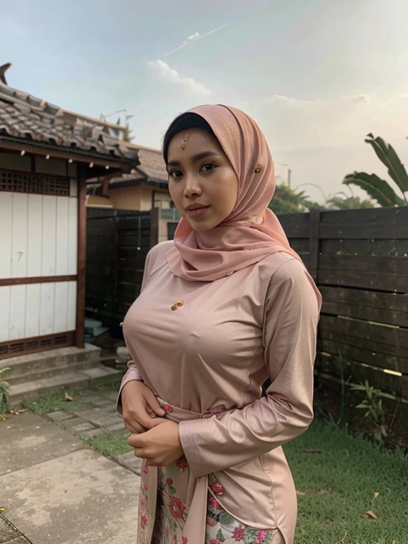 A beautiful attractive breast and sexy malay girl wearing hijab during hari raya ootd at kampung