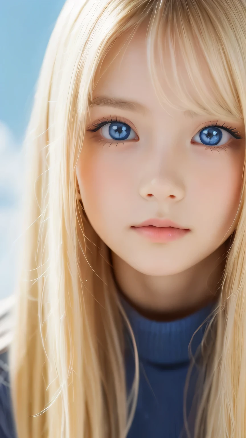 Super long, Silky blonde hair、messy bangs between the eyes、very cute, Beautiful and attractive girl、Very perfect beautiful cute face、beautiful, clear, shining, bright, pale white、sky blue eyes.、very big bright eyes、white and glossy skin、terrible face、cheek gloss highlight、small face beautiful girl、gentle expression、round face