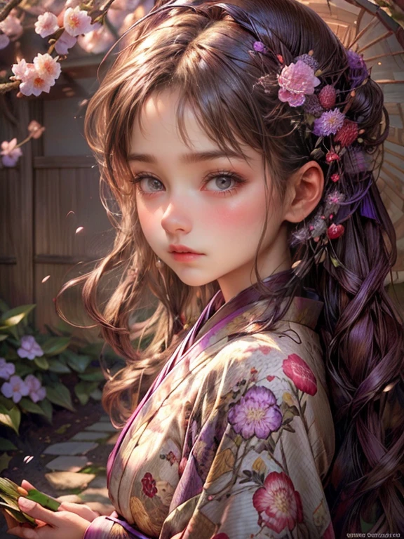 In a garden covered with a canopy of wisteria, a cute girl in a kimono stands gracefully. (best quality:1.8,4k,8k,highres,masterpiece:1.2),ultra-detailed:1.2,(realistic,photorealistic,photo-realistic:1.37) Medium:illustration [Traditional Japanese Art] captures the essence of the scene. The girl has charming almond-shaped eyes, delicate lips, and a serene expression. Her kimono is intricately designed with vibrant colors and floral patterns, reflecting the rich cultural heritage. The garden is filled with blooming wisteria vines, their purple and pink hues creating a dreamy atmosphere. Rays of soft sunlight filter through the foliage, casting enchanting shadows on the ground. The sound of chirping birds and the fragrance of blossoms fill the air, adding to the tranquility of the scene.