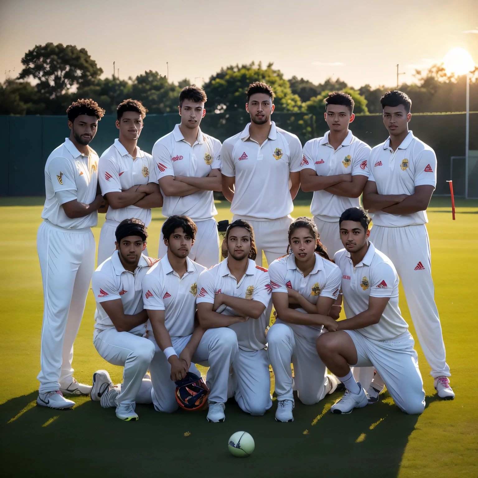 Cricket team of 11 players, all in uniform, standing in a semi-circle on a lush green field, sun setting behind them, creating a warm, golden glow. Each player's face is filled with determination and focus, the ball tucked under one arm, bat held firmly in the other hand.

Eleven athletes, different body types, yet equally dedicated to the sport they love. Some players wear protective gear on their thighs and pads on their legs, their expressions serious and focused. Others are leaner, their muscles toned from hours of practice and training. A couple of players have their hair messily swept back by the breeze, sweat glistening on their foreheads.

The