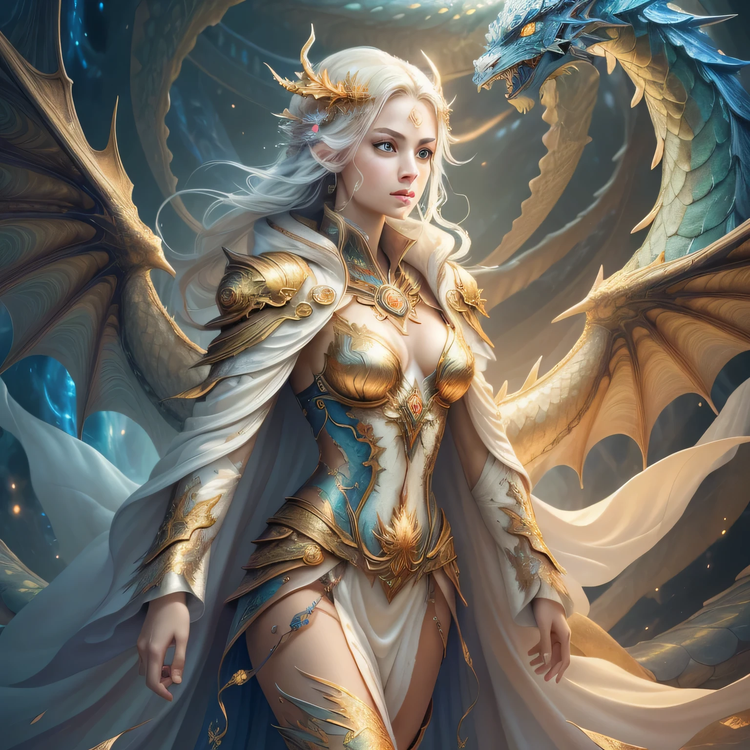 (masterpiece, top quality, best quality, official art, beautiful and aesthetic:1.2), (1girl), extreme detailed eyes, (fractal art:1.3), colorful, highest detailed, (perfect face), shiny skin, HDR, (white cloak golden lines:1.2), galaxy, (light streaks), striking visuals, (dynamic streaks, luminous trails:1.2), vibrant colors, (phoenix), (dragon), ((full body)),