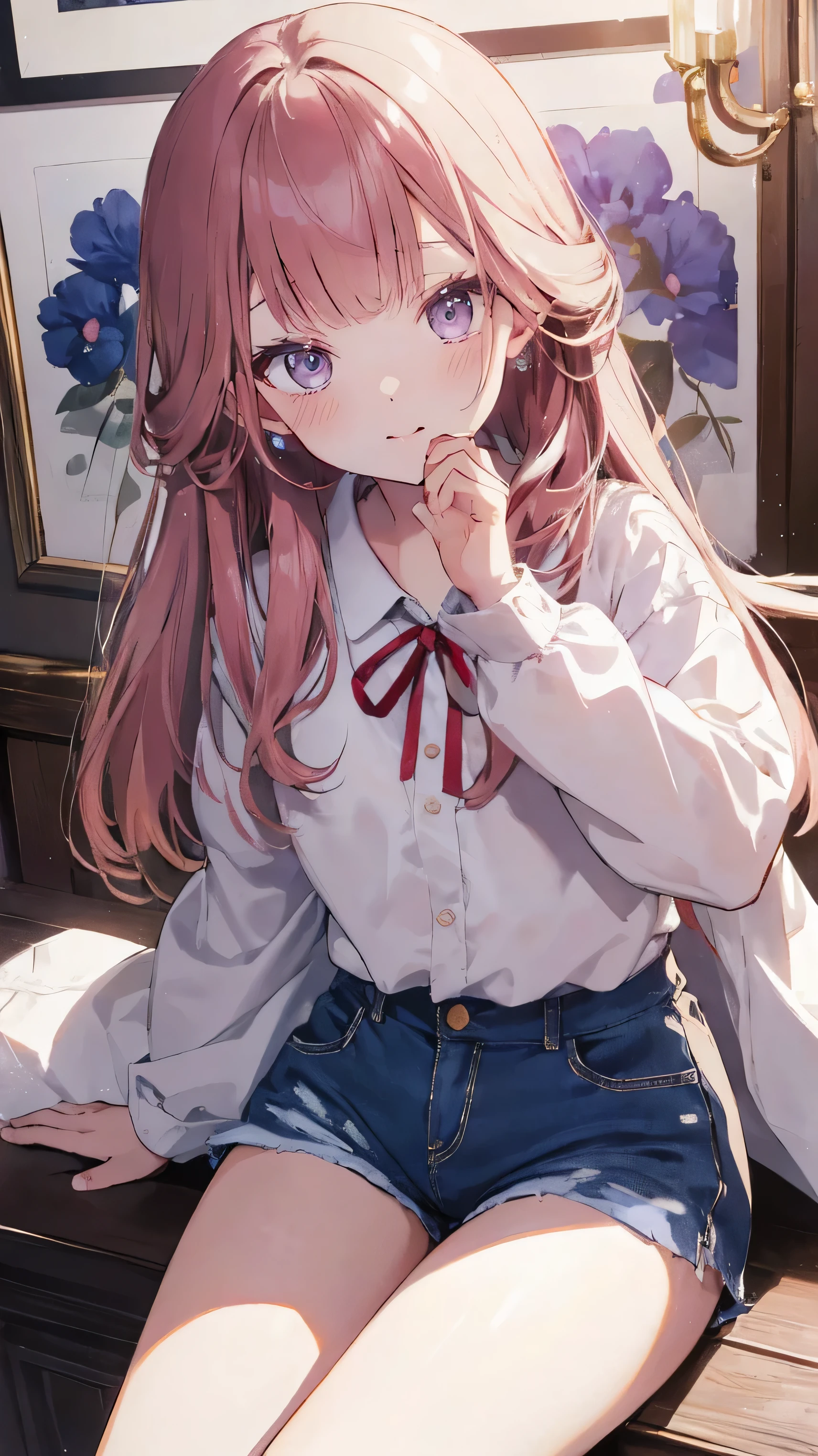 master piece、Highest image quality、highest quality、 ((panic))、glossy hair quality、small face、sitting、Super detailed and beautiful bright eyes、Super detailed clear and beautiful face、(cute illustration:1.2), High-resolution, ultra-detailed, best quality, embarrassed、(cute underwear)、(Gaps in shorts)