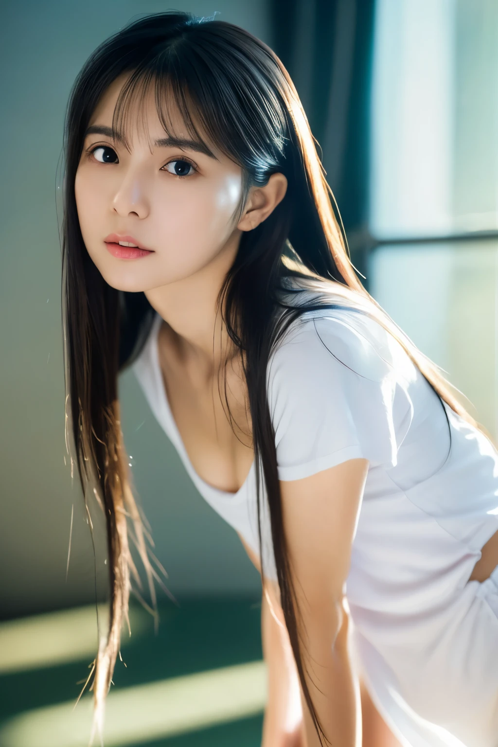 (8K, RAW photo, high quality, High resolution:1.1), Skinny Japanese woman, 30 years old, small breasts, very thin waist, (hyperrealistic:1.4), (realistic, photorealistic:1.3), soft light, realistic face, realistic body, realistic skin, disorganized, masterpiece, (cute:1.8), (leaning forward:1.8), (From above:1.2), (close:1.4), (crawl on all fours), (white loose t-shirt:1.2), (Beautiful breasts:0.9), (long hair, ponytail), ((cleavage)), fine black eyes, innocent eyes, droopy eyes, Watery eyes, open lips, blush, good style, cinema light, film Grain, look viewer, full Body, Depth of field, blurred background, Eye focus, young, 85mm lens, f/1.4, professional lighting, portrait, photon mapping, radio city, Physically based rendering, Transparency, Day book girl, Day, Sunny, outdoor