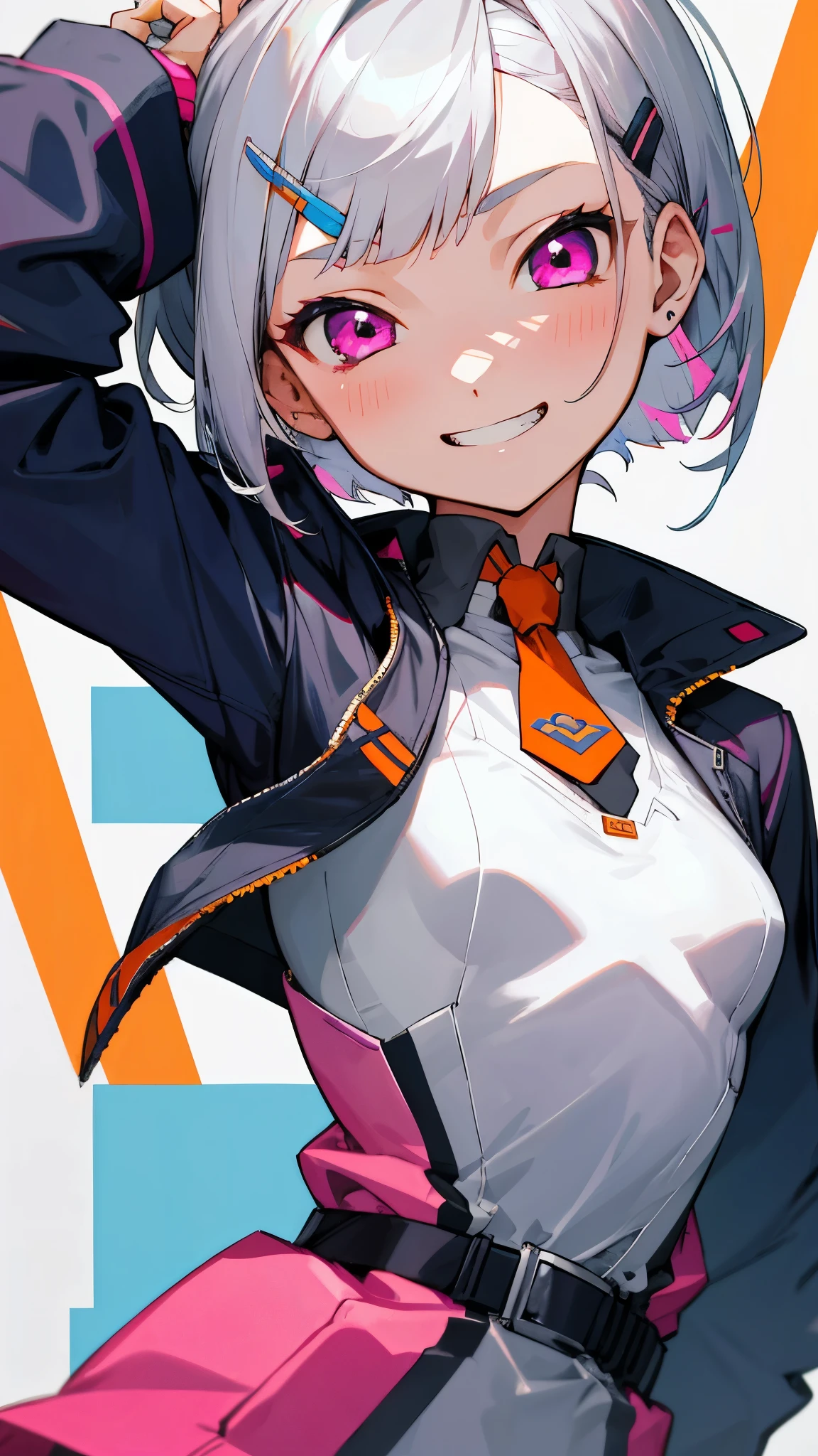 １girl、歳のgirl、riders jacket、small breasts、Silver hair and short bob hairstyle、Tie your hair up with a hair clip、Beautiful pink eyes、grin、blue and orange tones、upper body close-up