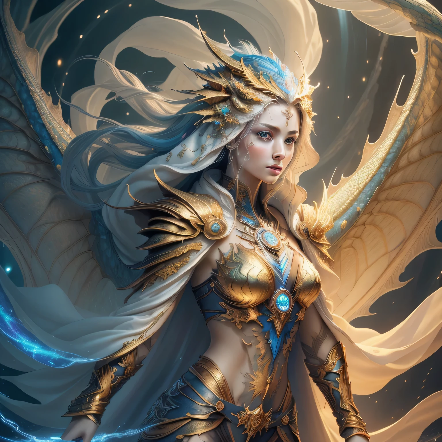 (masterpiece, top quality, best quality, official art, beautiful and aesthetic:1.2), (1girl), extreme detailed eyes, (fractal art:1.3), colorful, highest detailed, (perfect face), shiny skin, HDR, (white cloak golden lines:1.2), galaxy, (light streaks), striking visuals, (dynamic streaks, luminous trails:1.2), vibrant colors, (phoenix), (dragon), ((full body)),
